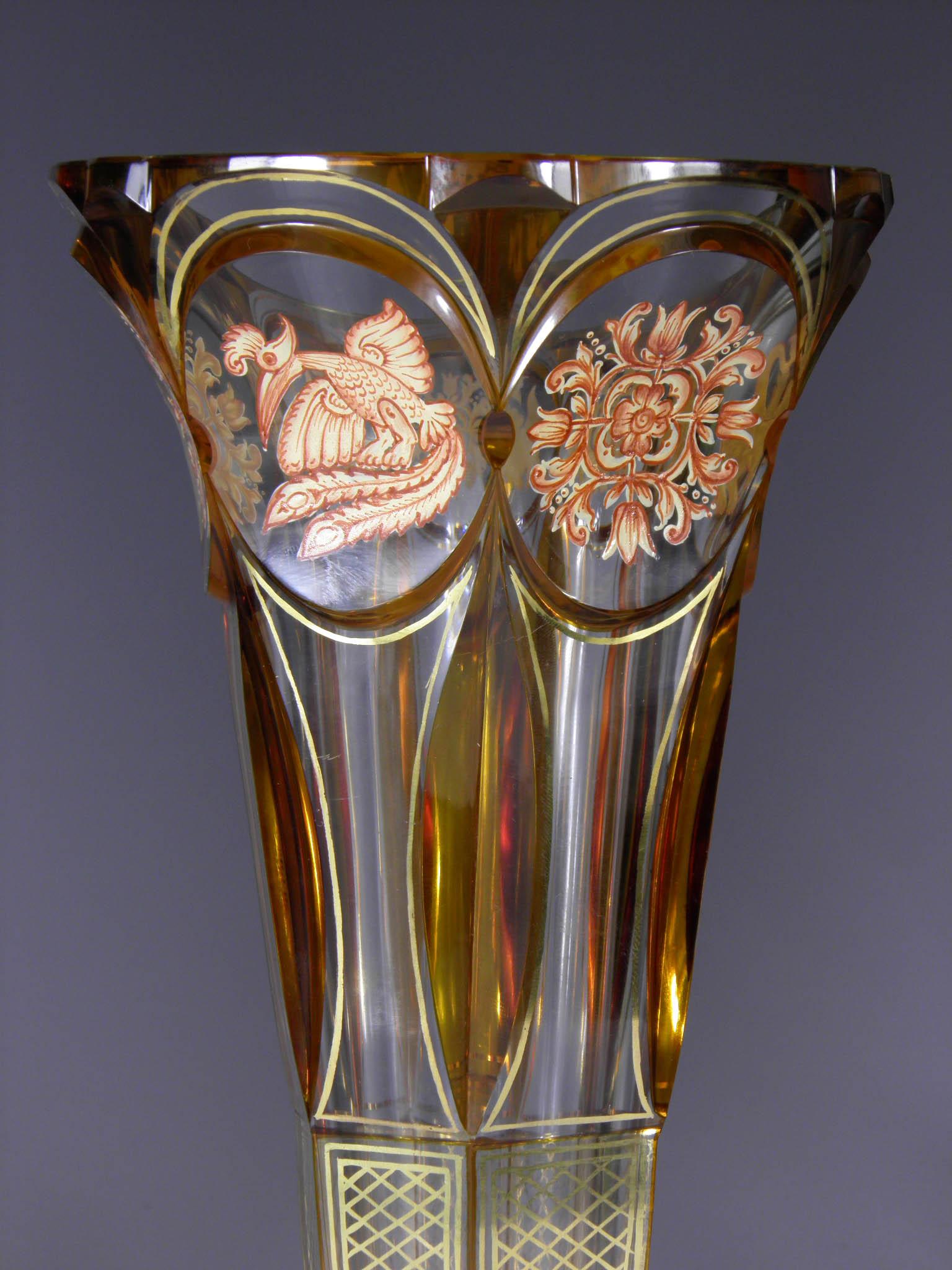 Art Deco Yellow Glaze Glass Vase Medallions Lion Bull Bird In Good Condition In Nový Bor, CZ