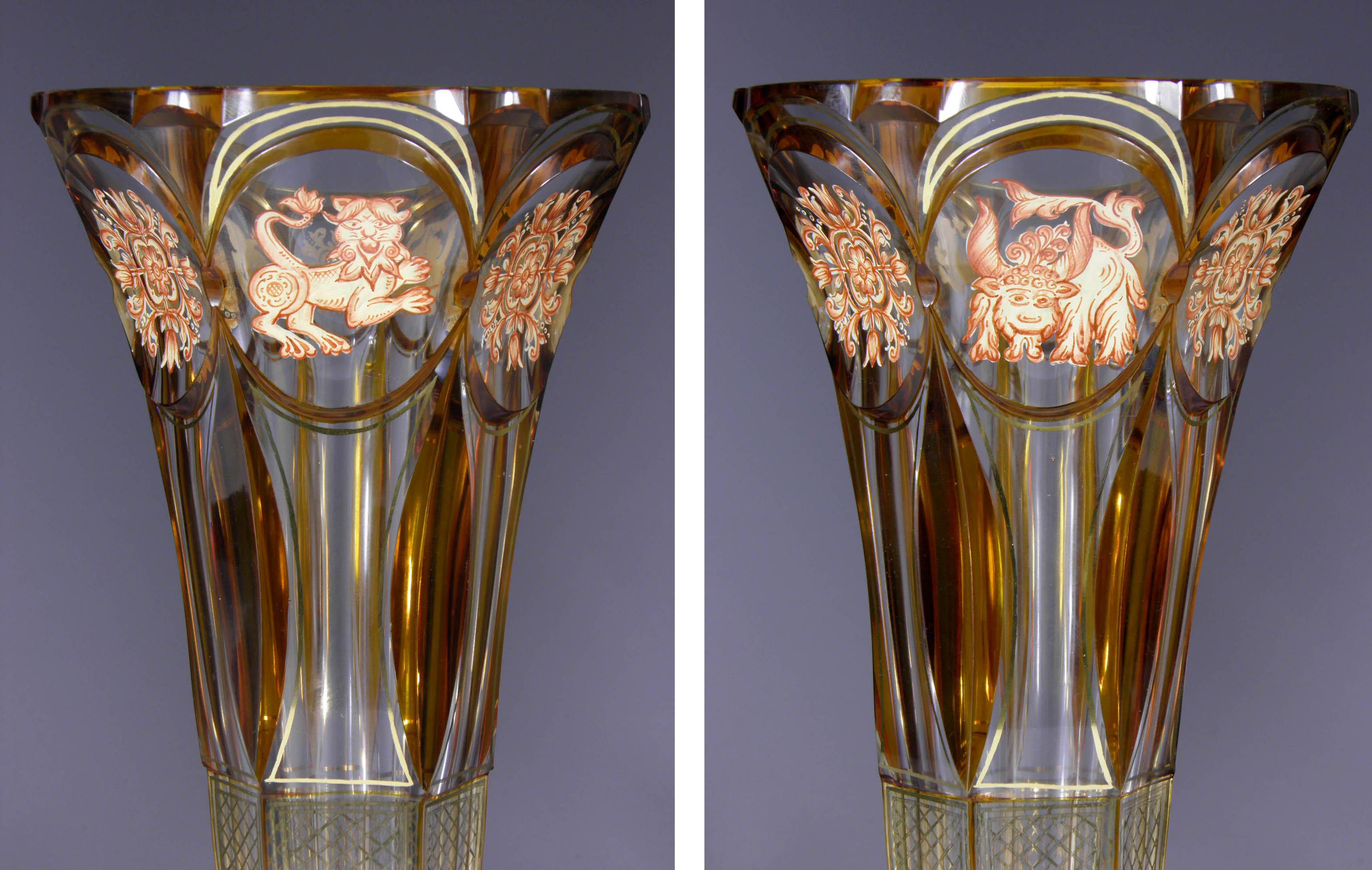 Art Deco Yellow Glaze Glass Vase Medallions Lion Bull Bird 1