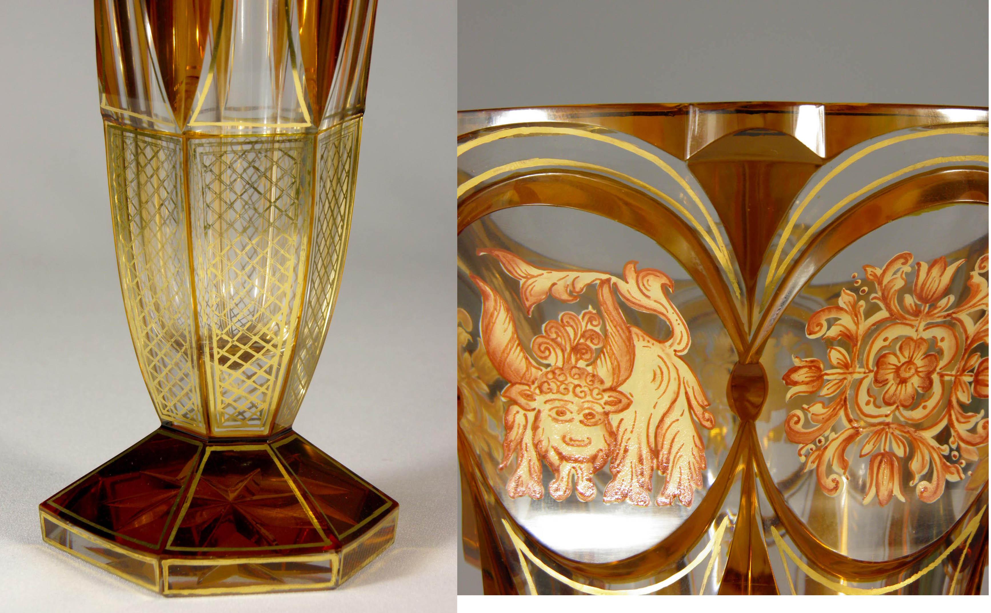 Art Deco Yellow Glaze Glass Vase Medallions Lion Bull Bird 2