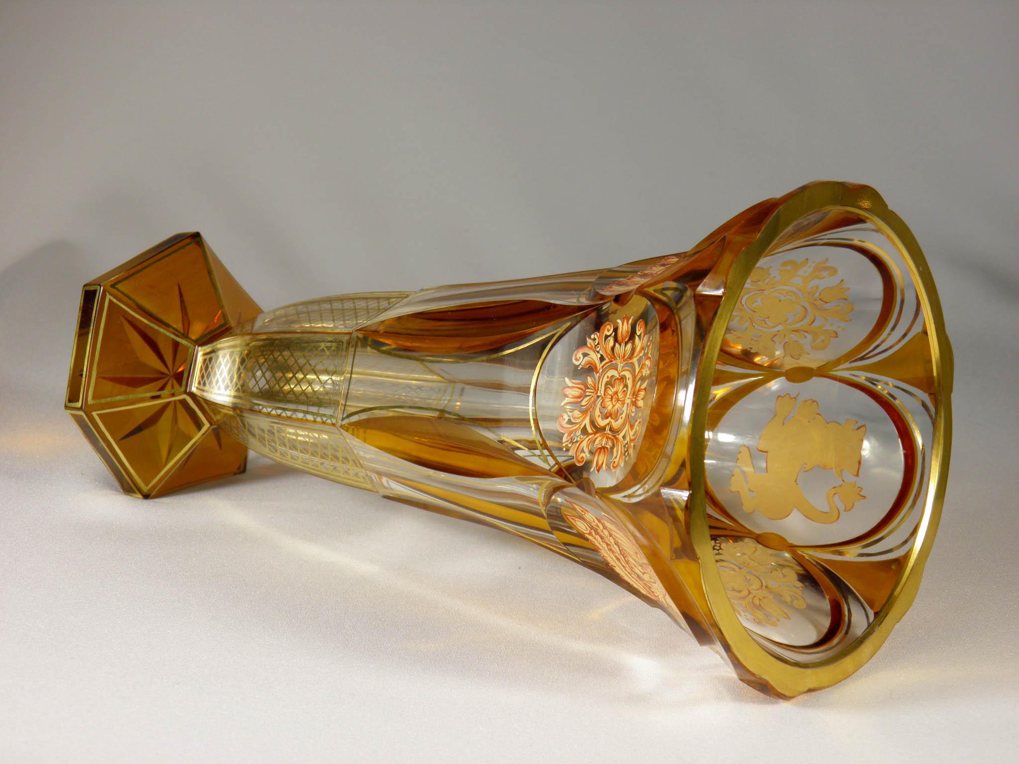 Art Deco Yellow Glaze Glass Vase Medallions Lion Bull Bird 3