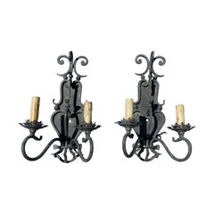 Arte de Mexico N. Hollywood Hand Wrought Iron Handmade Wall Light Sconces, Pair