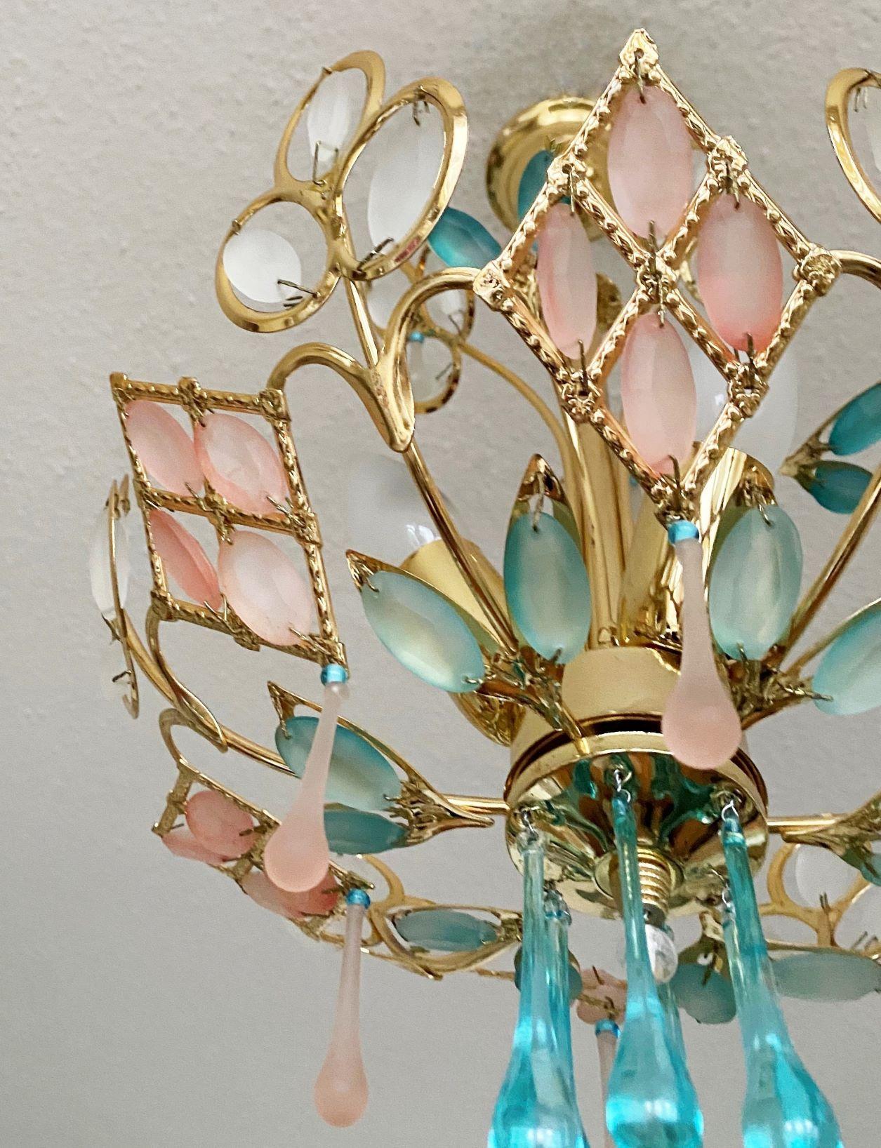 Arte Deco Colored Murano Glass Brass Chandelier, Italy, 1960s For Sale 4