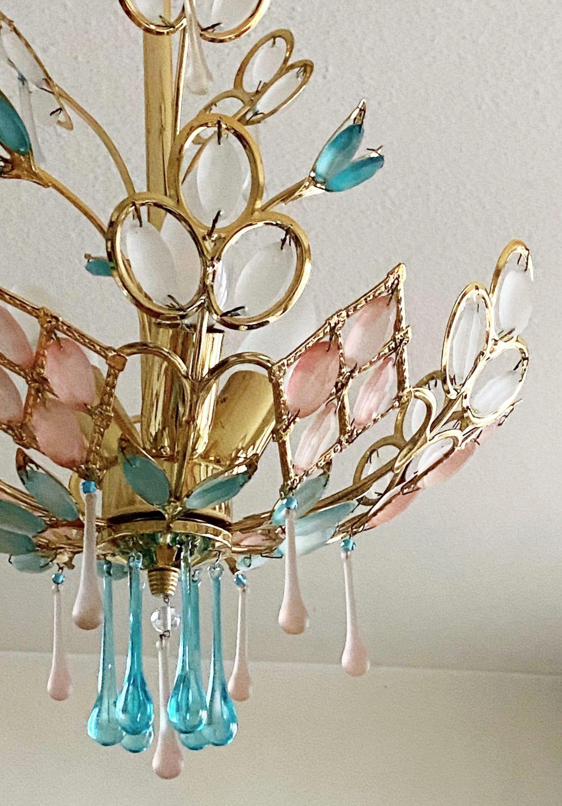 Arte Deco Colored Murano Glass Brass Chandelier, Italy, 1960s For Sale 5