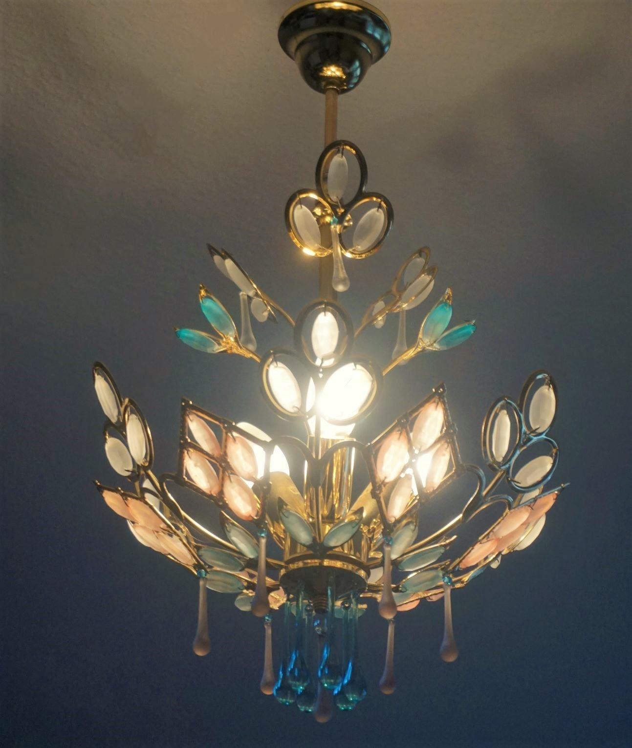 Arte Deco Colored Murano Glass Brass Chandelier, Italy, 1960s For Sale 7