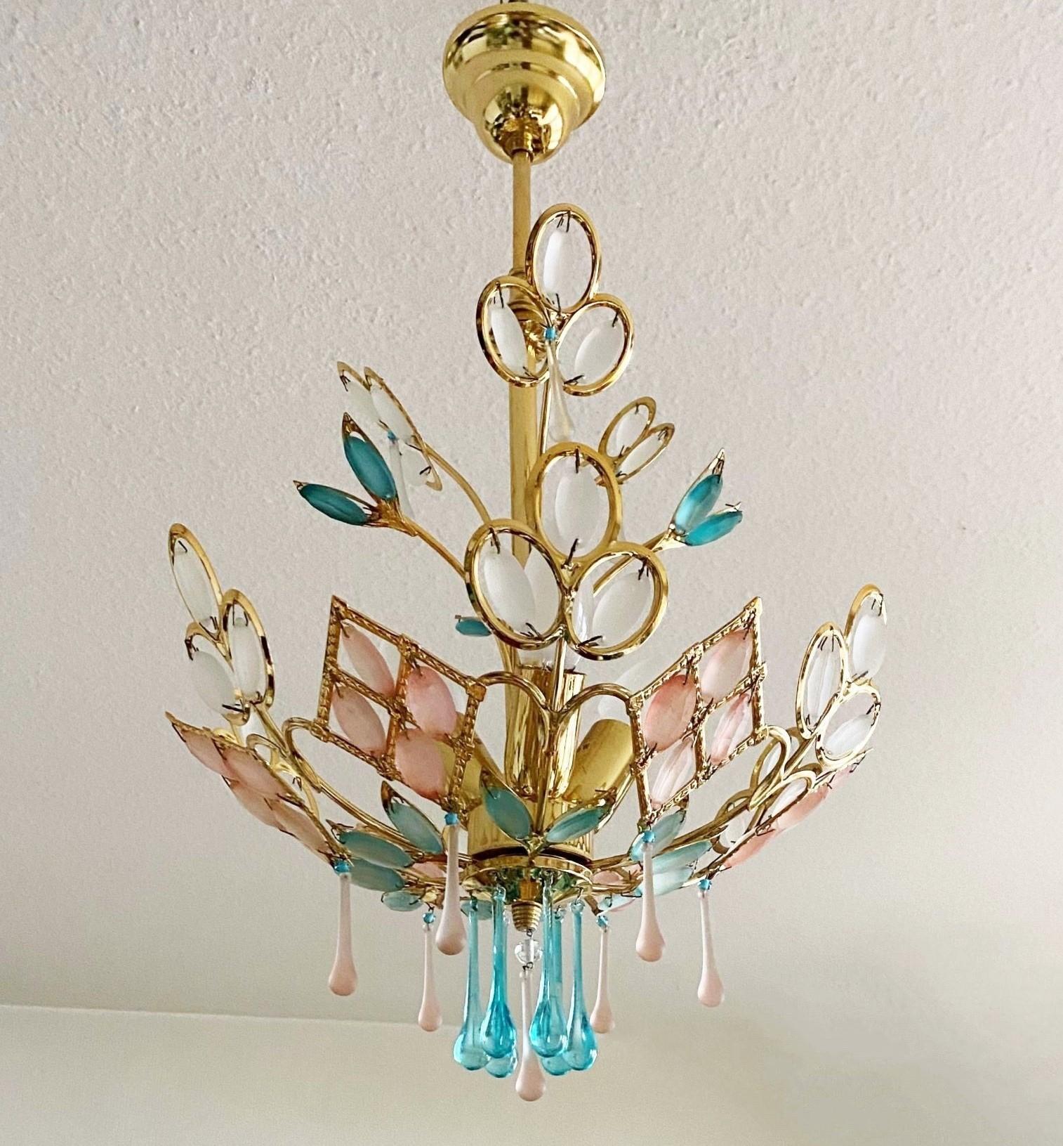 Art Deco Arte Deco Colored Murano Glass Brass Chandelier, Italy, 1960s For Sale