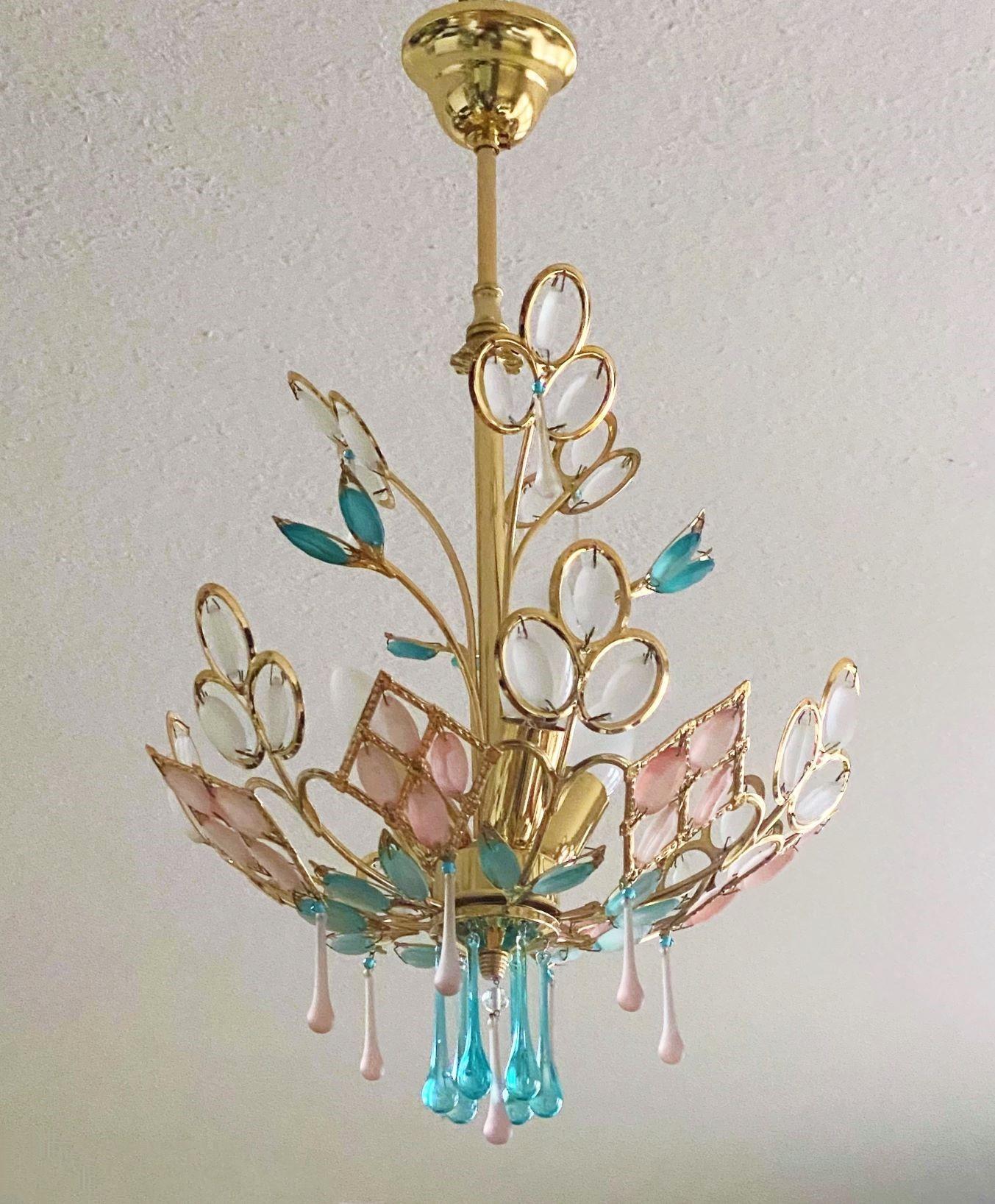 Italian Arte Deco Colored Murano Glass Brass Chandelier, Italy, 1960s For Sale