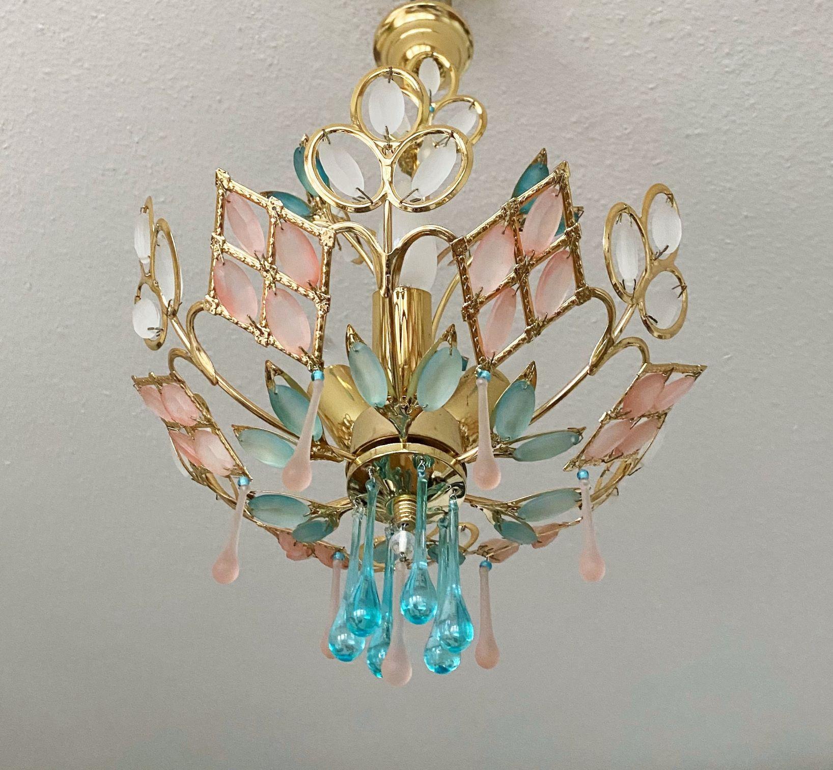 20th Century Arte Deco Colored Murano Glass Brass Chandelier, Italy, 1960s For Sale