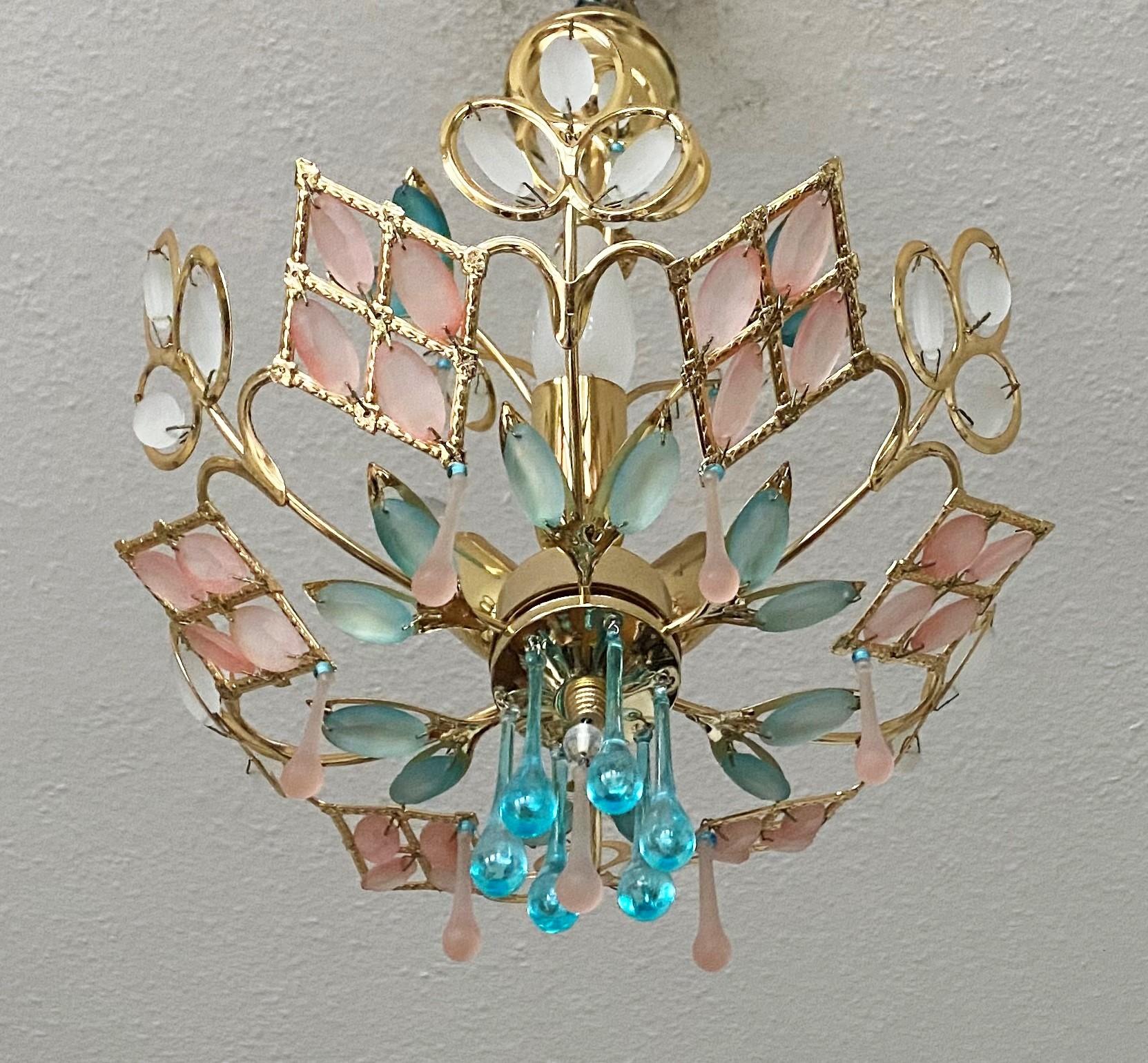 Arte Deco Colored Murano Glass Brass Chandelier, Italy, 1960s For Sale 1