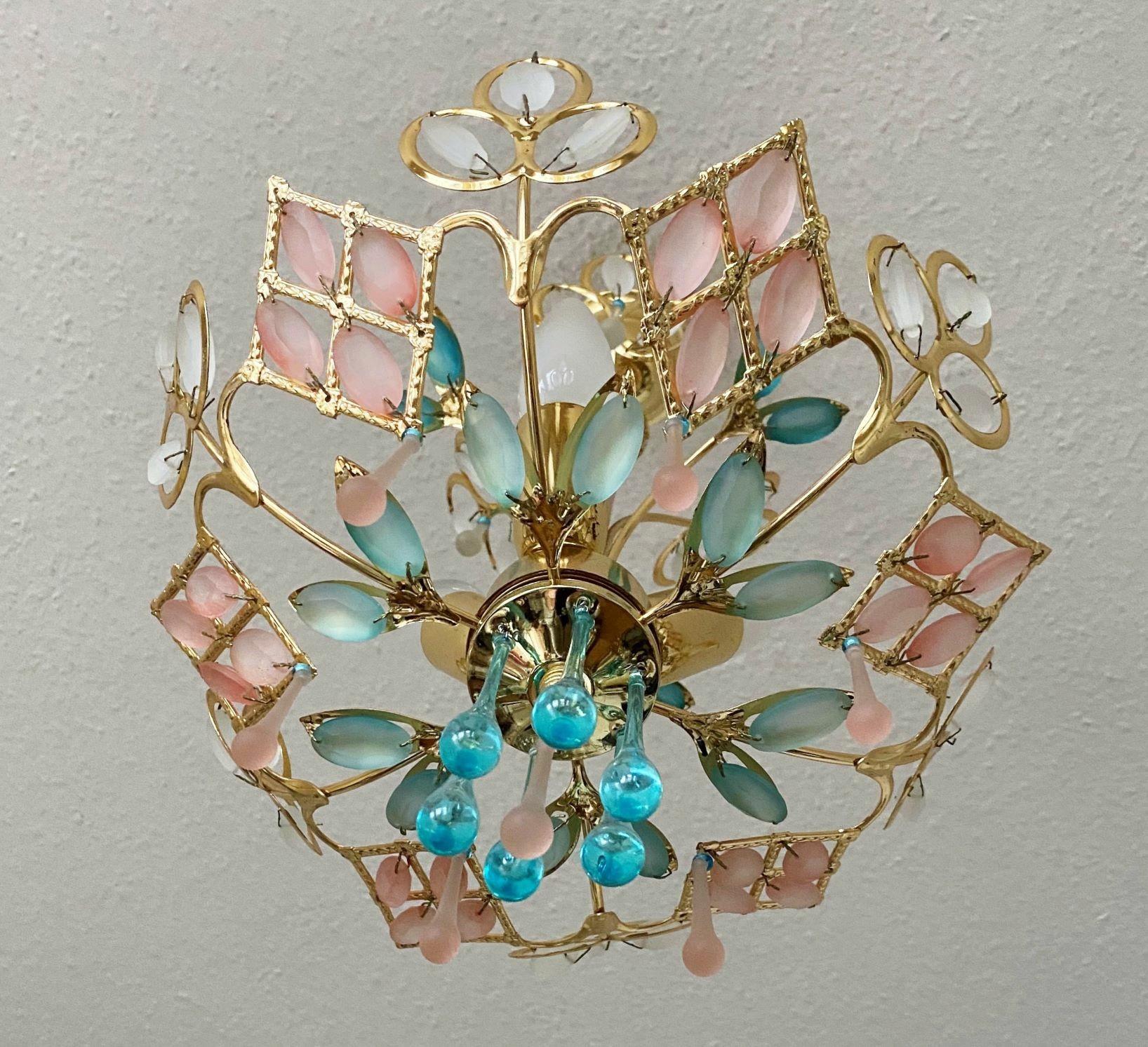 Arte Deco Colored Murano Glass Brass Chandelier, Italy, 1960s For Sale 2