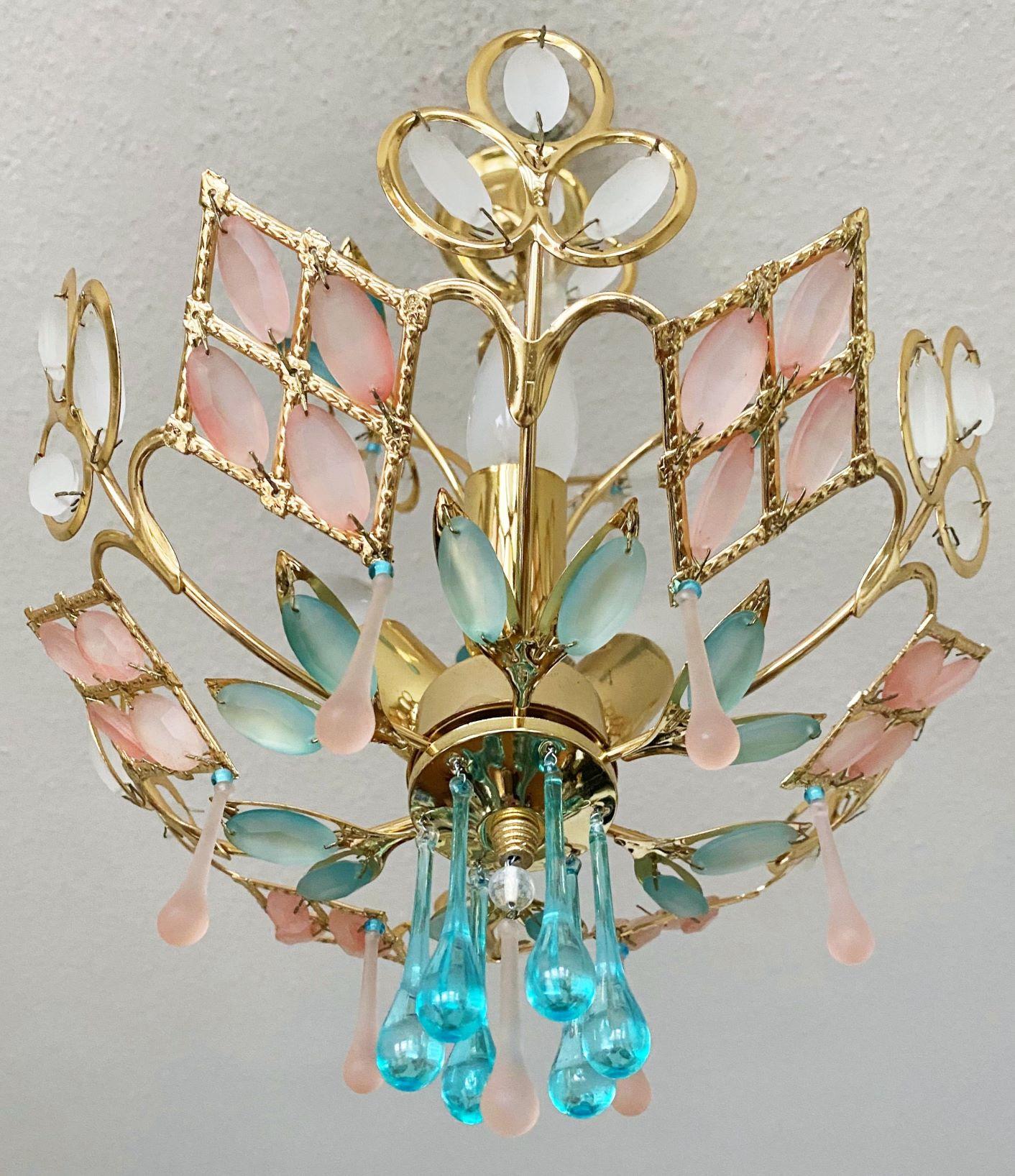 Arte Deco Colored Murano Glass Brass Chandelier, Italy, 1960s For Sale 3