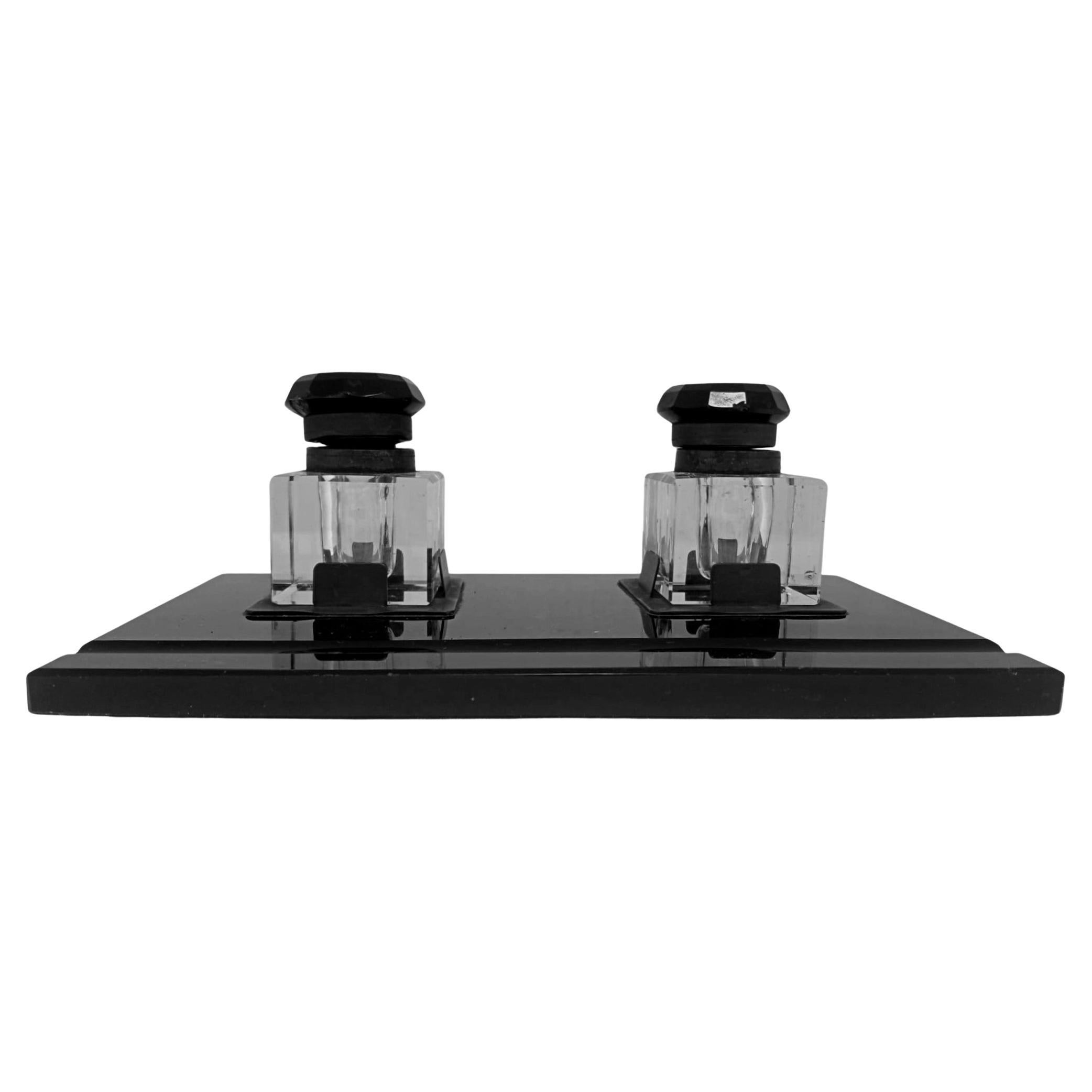 Art decò inkwells set from years '30 razional fine design in rare black glass For Sale