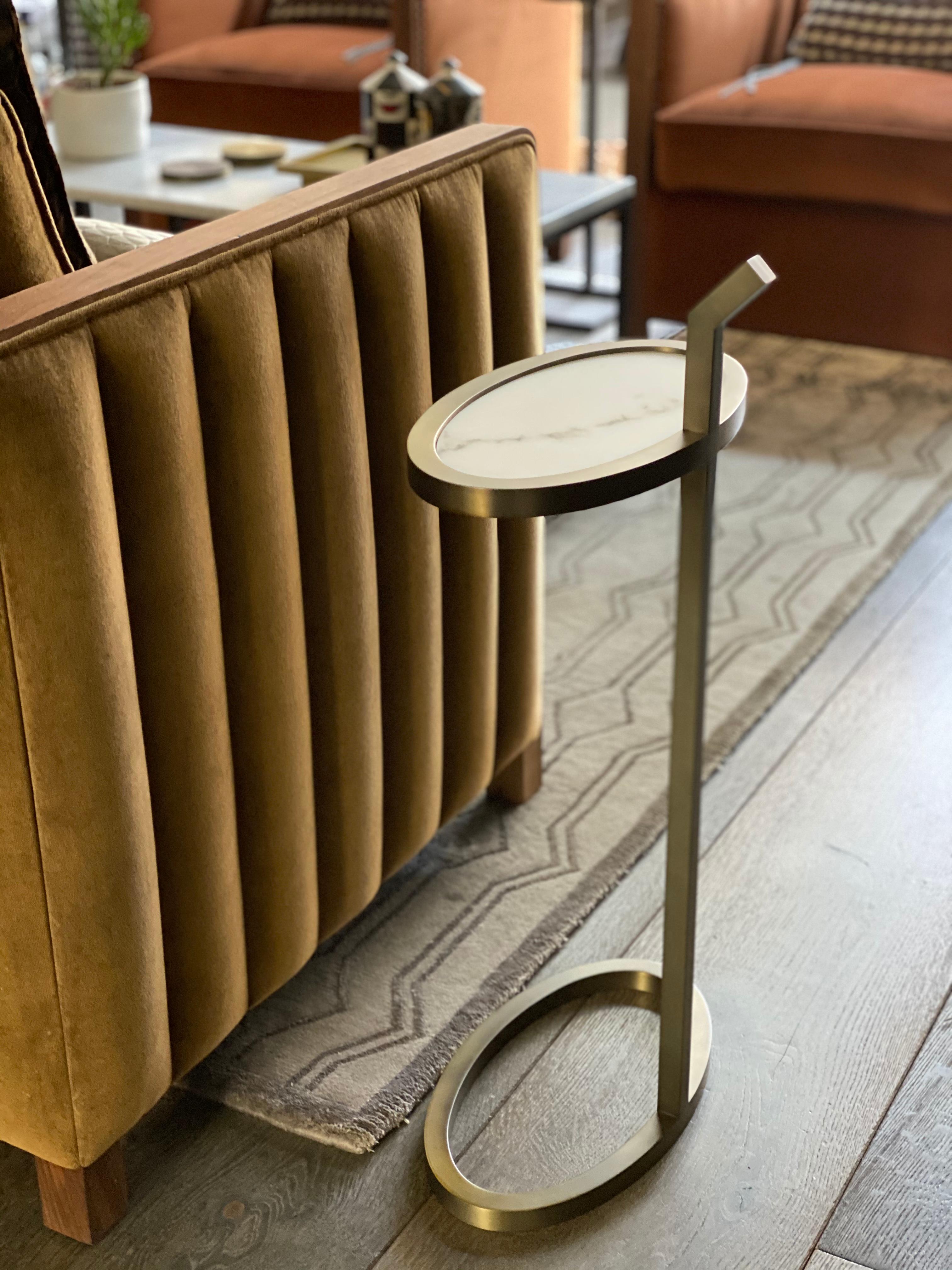 British Art Deco Manhattan Martini Table Oval, Antique Brass Tinted and Marblo Surface For Sale