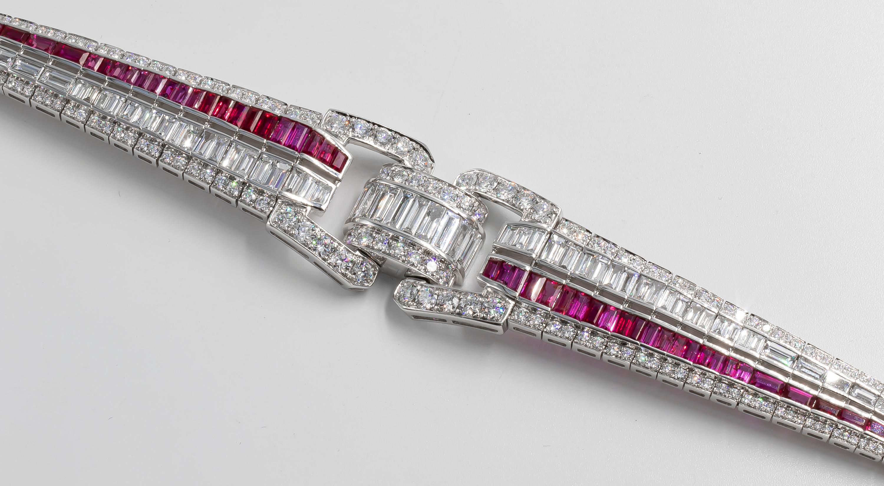 Modern Art Deco Bracelet Fine Rubies 6 Carats and Diamonds 9.90 Carats 18K Gold