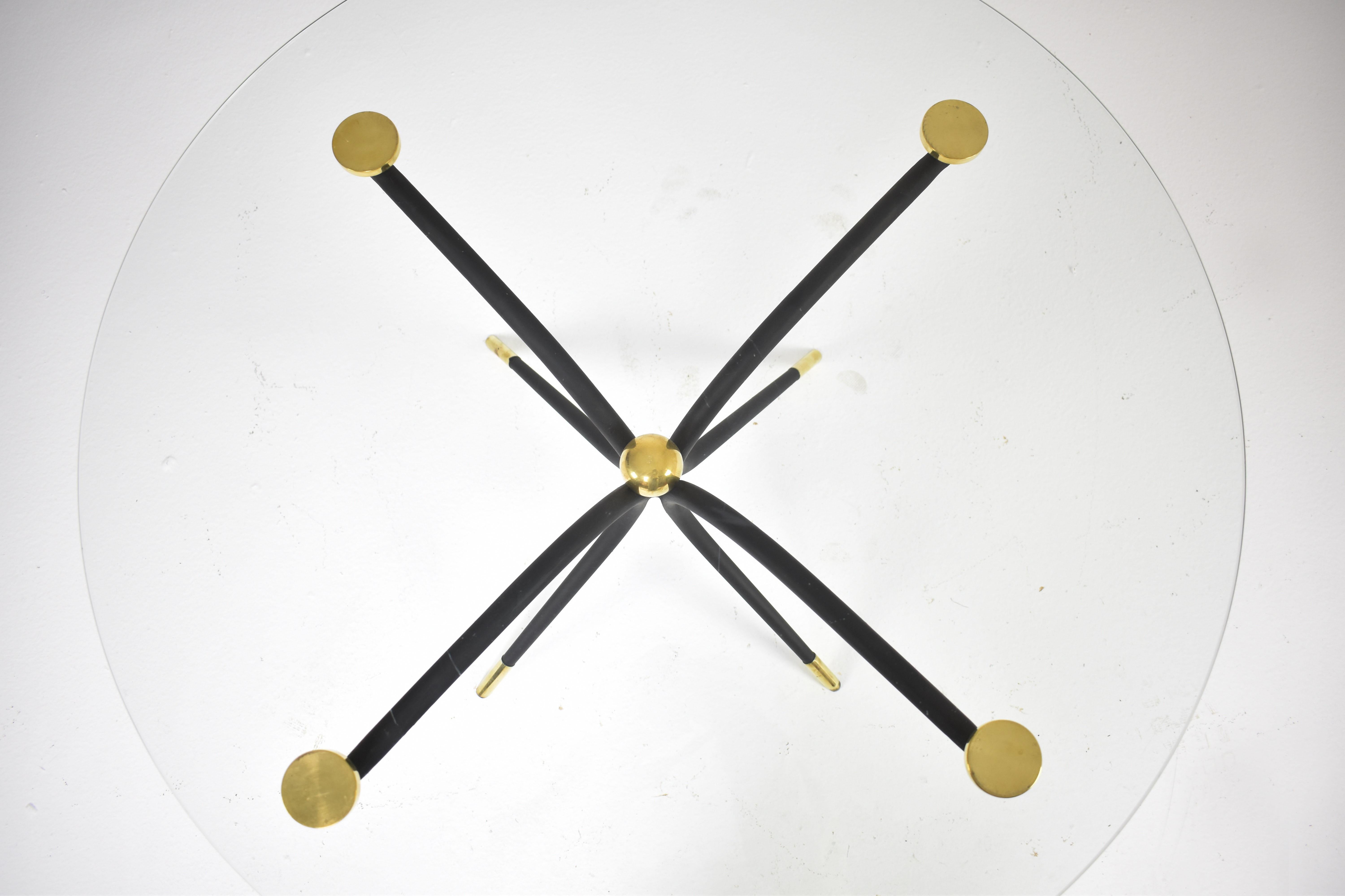 Modern ARTE Handcrafted Sculptural Iron and Brass Table with Round Glass Top For Sale