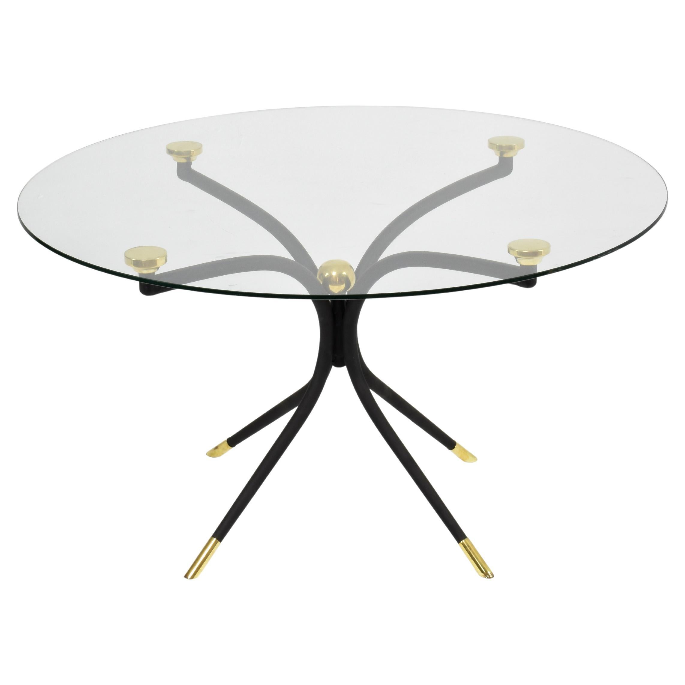 ARTE Handcrafted Sculptural Iron and Brass Table with Round Glass Top For Sale