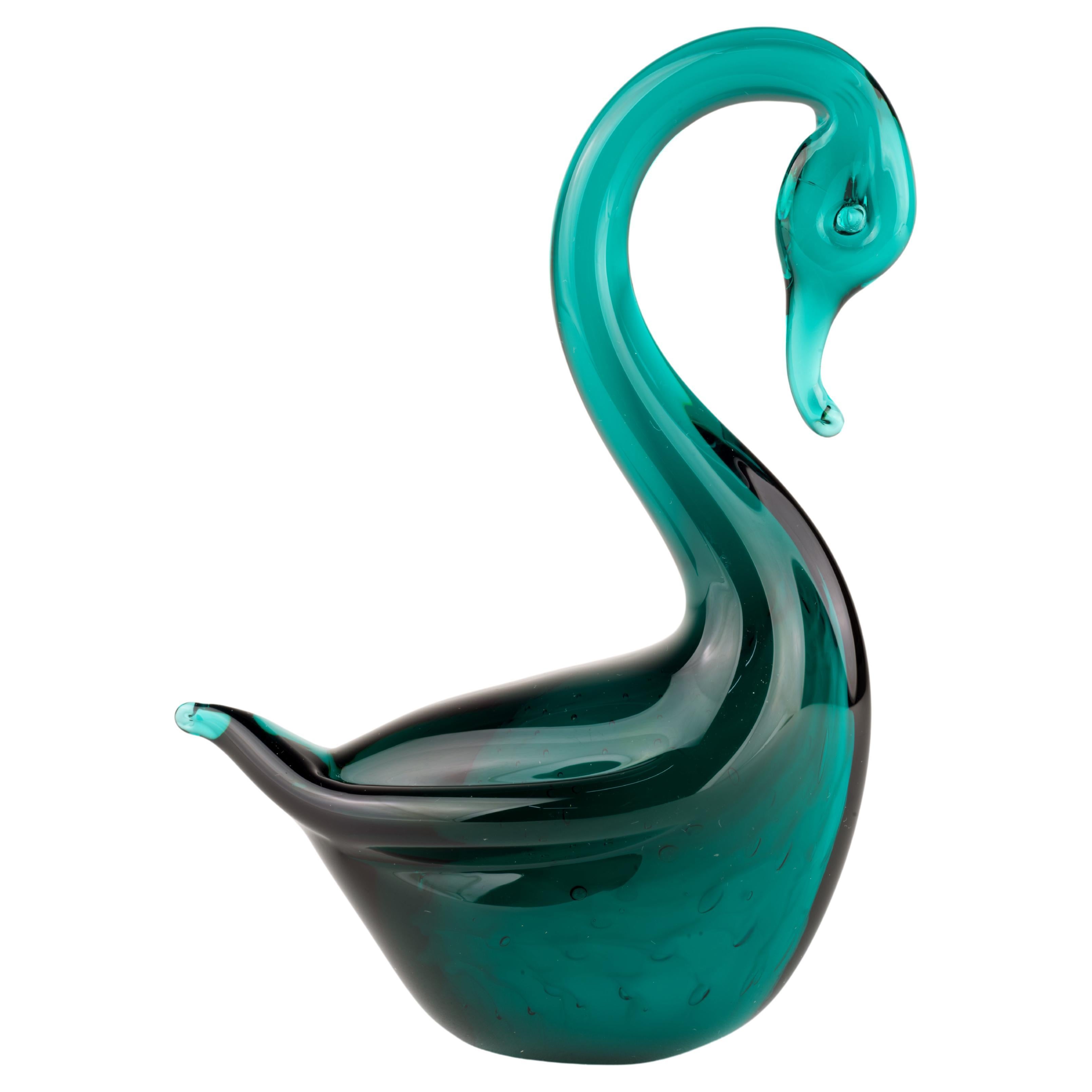 Arte Murano Swan Green White Sommerso Glass Figurine Paperweight For Sale