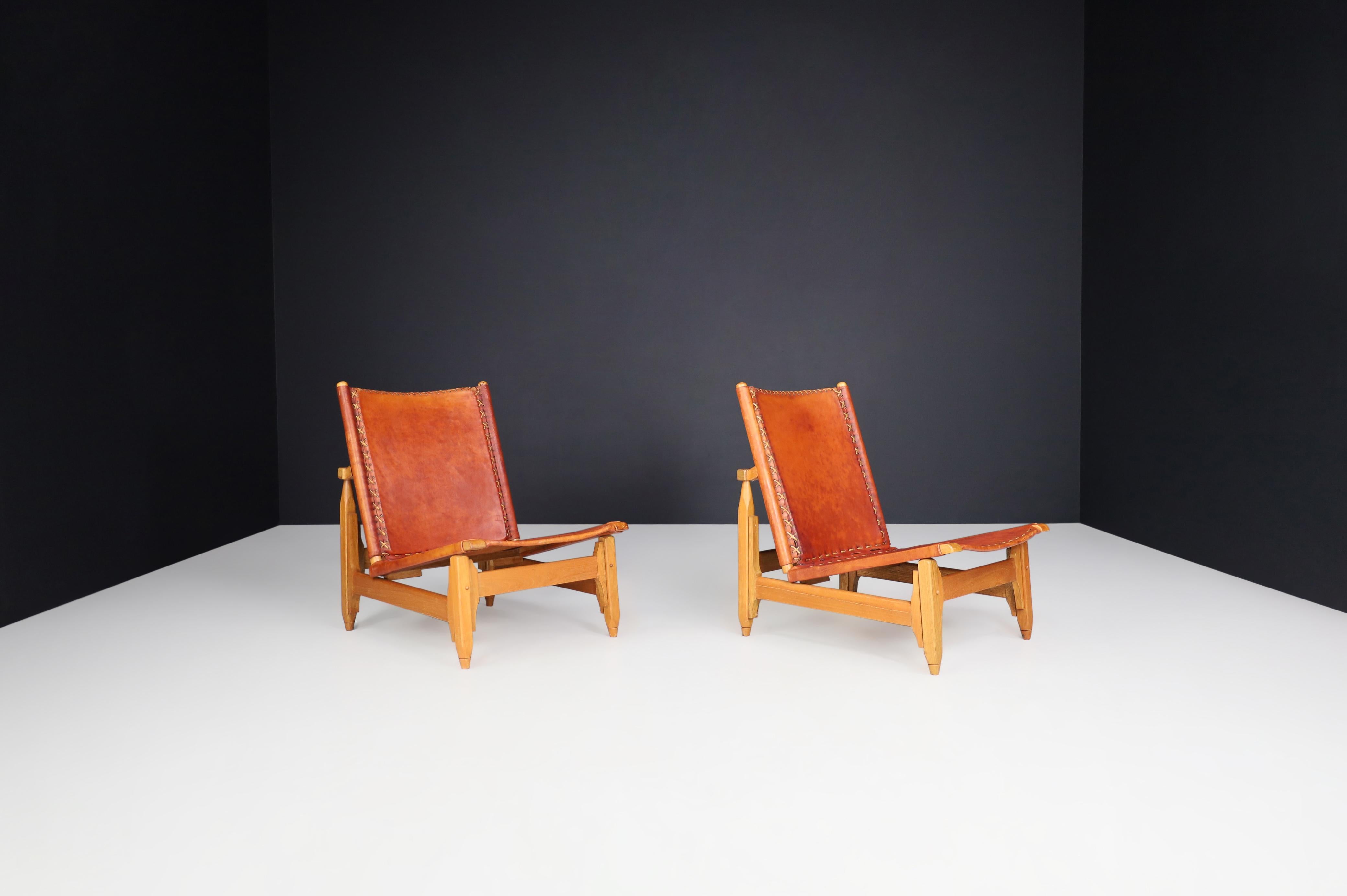Colombian Arte Sano Biermann Cia Inc. Cognac Leather Hunting Chairs, Colombia, 1960s