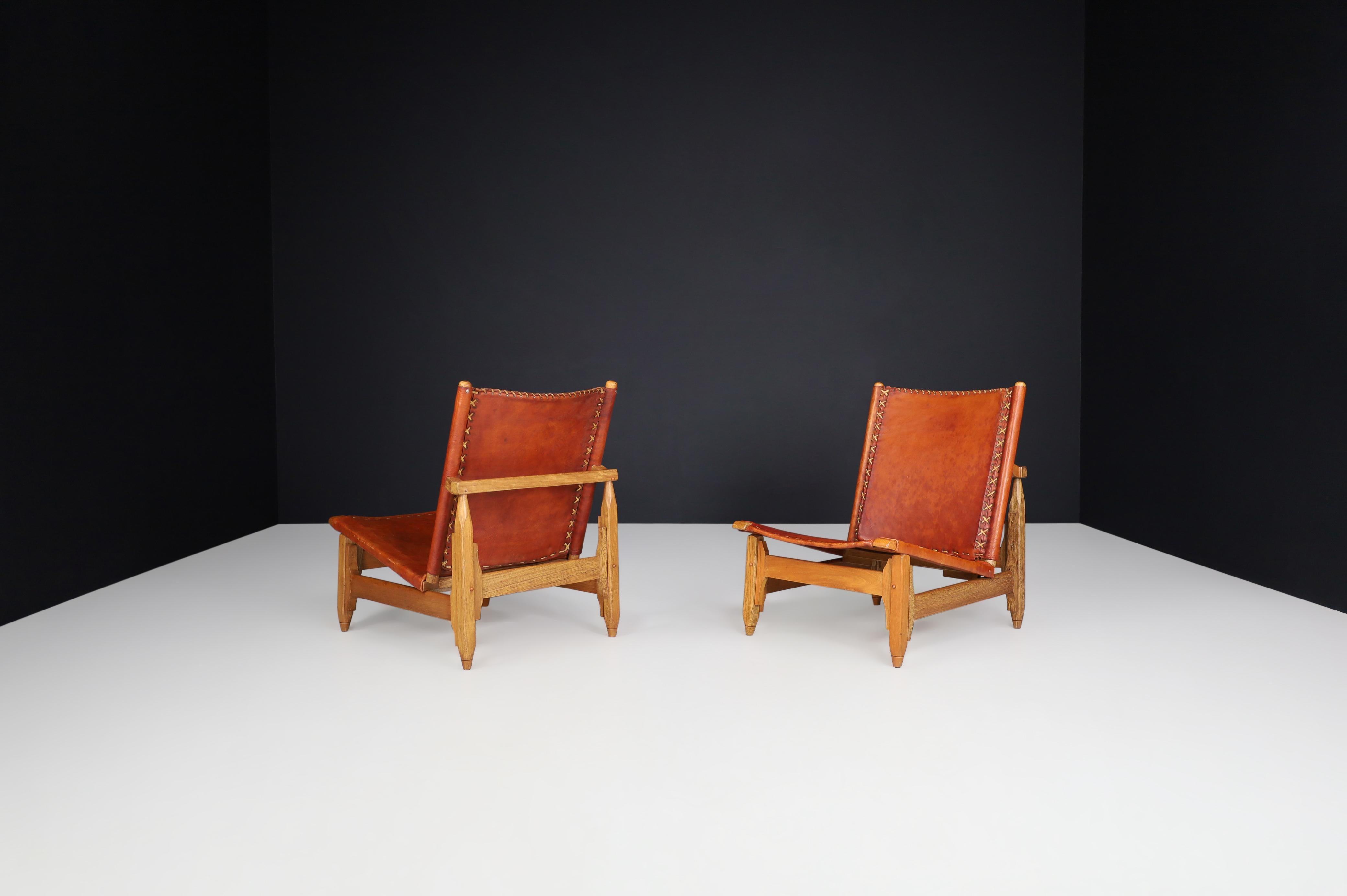 20th Century Arte Sano Biermann Cia Inc. Cognac Leather Hunting Chairs, Colombia, 1960s