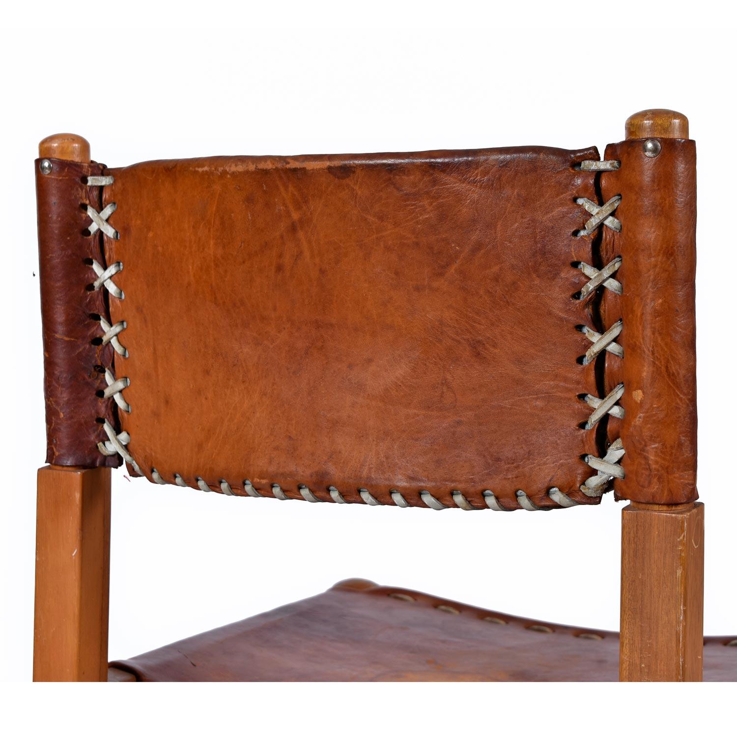 Mid-20th Century Arte Sano Biermann Cia Inc. Colombian Leather Hunting Chairs Set of 4 For Sale