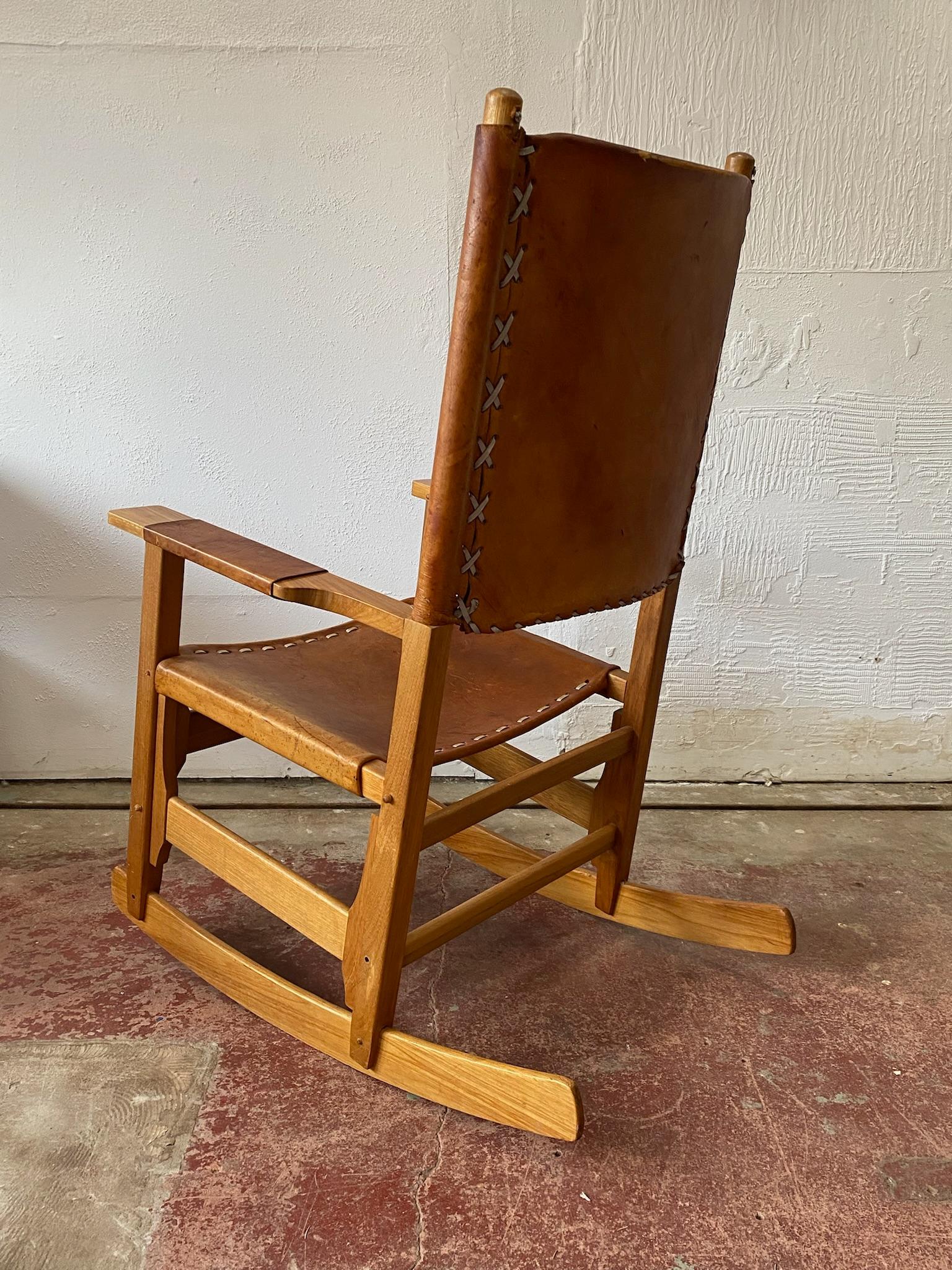 Arte Sano, Cognac Leather Rocking Chair, Colombia, 1970's In Fair Condition For Sale In Sherborne, GB