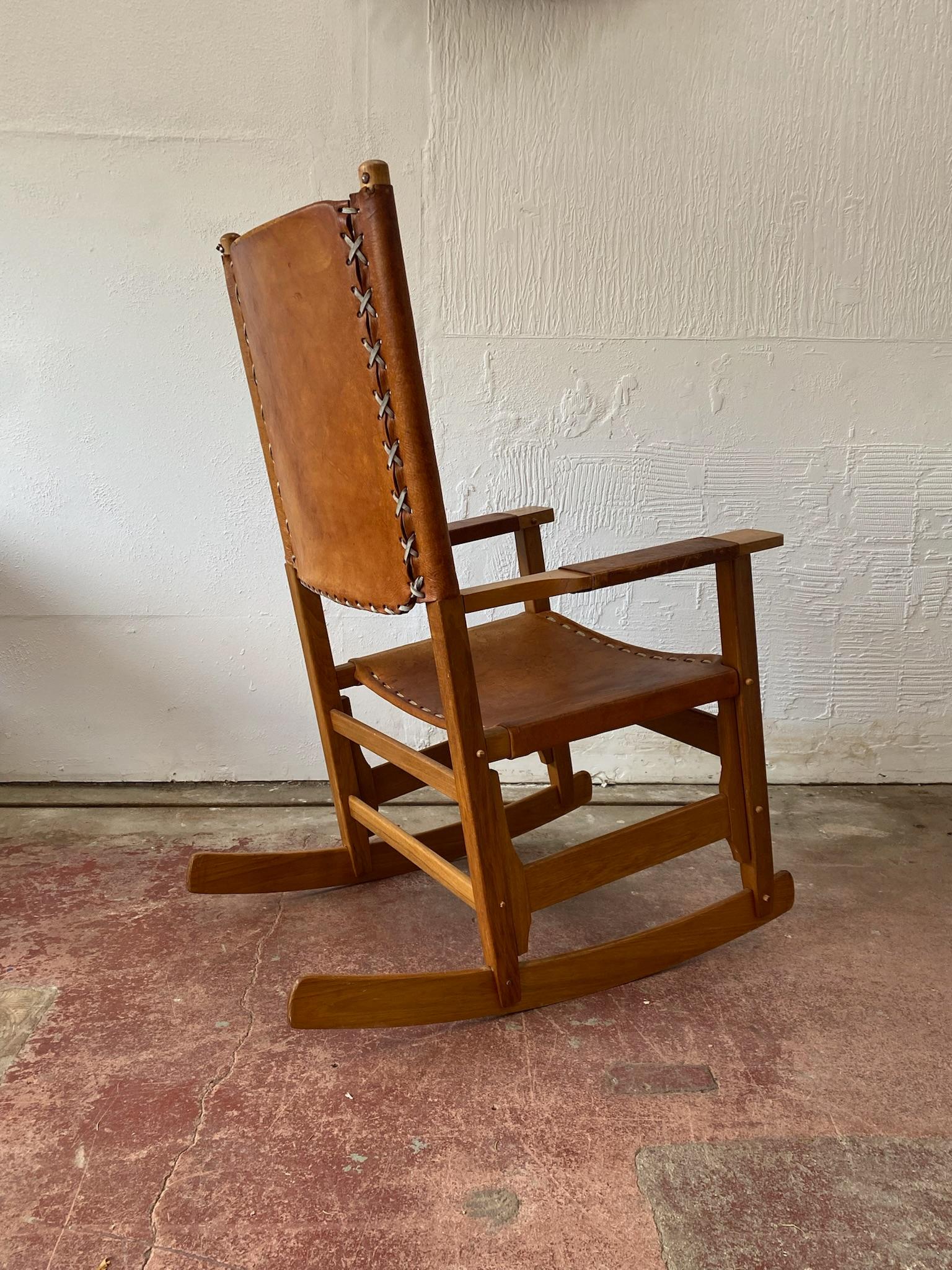 Arte Sano, Cognac Leather Rocking Chair, Colombia, 1970's For Sale 1