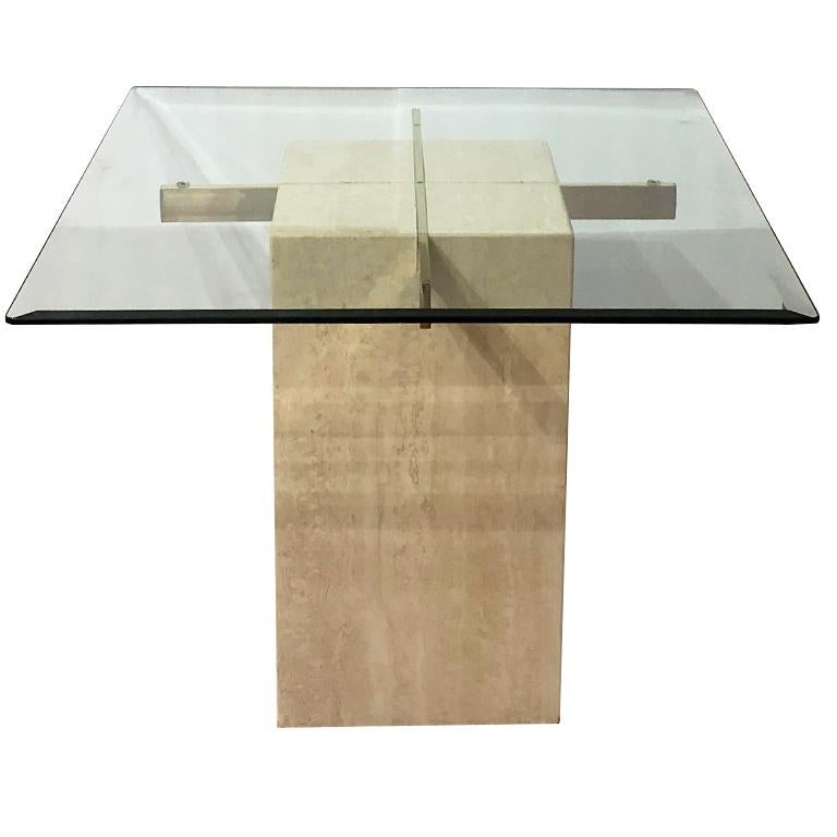 1980s Demilune Travertine Dining Table with Beveled Racetrack Glass Top