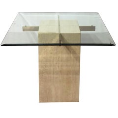 Artedi Italian Travertine Occasional Table Satin Brass Beveled Glass Top 1980s