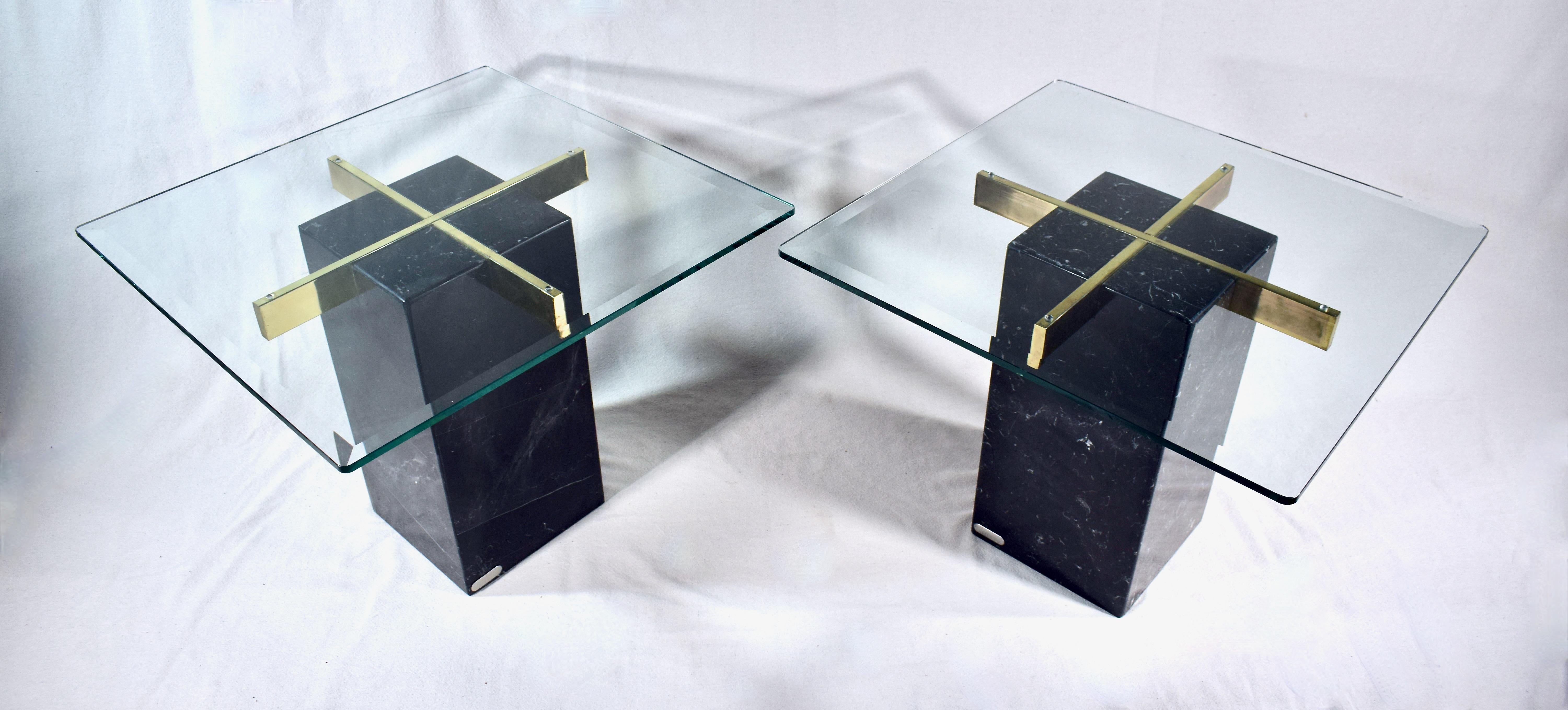 Scarcely seen pair of Artedi Nero marble base side or end tables with brass supports and beveled glass tops, Made in Italy 1960s-1970s, signed.