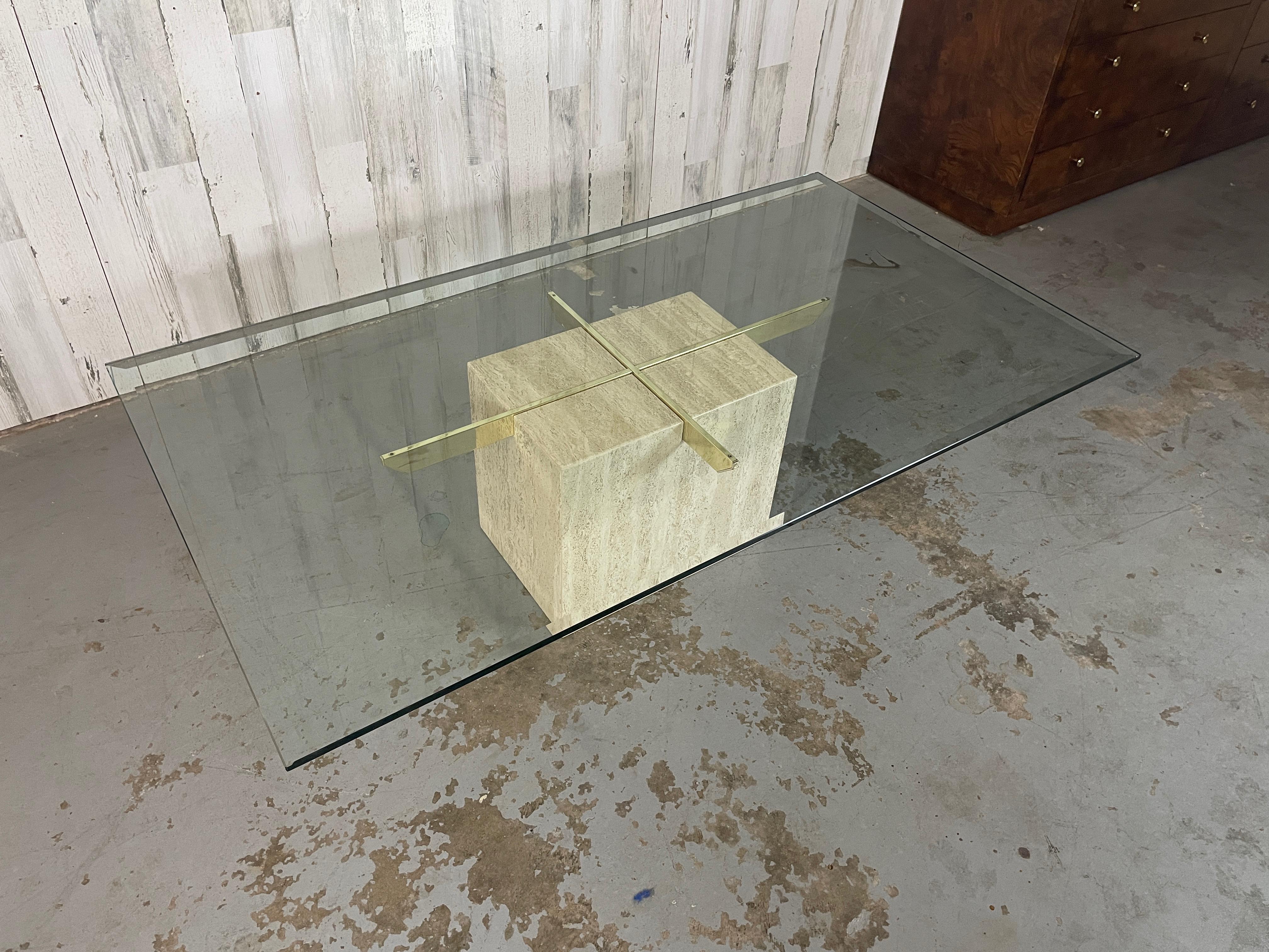 Modern Artedi Travertine and Brass Coffee Table