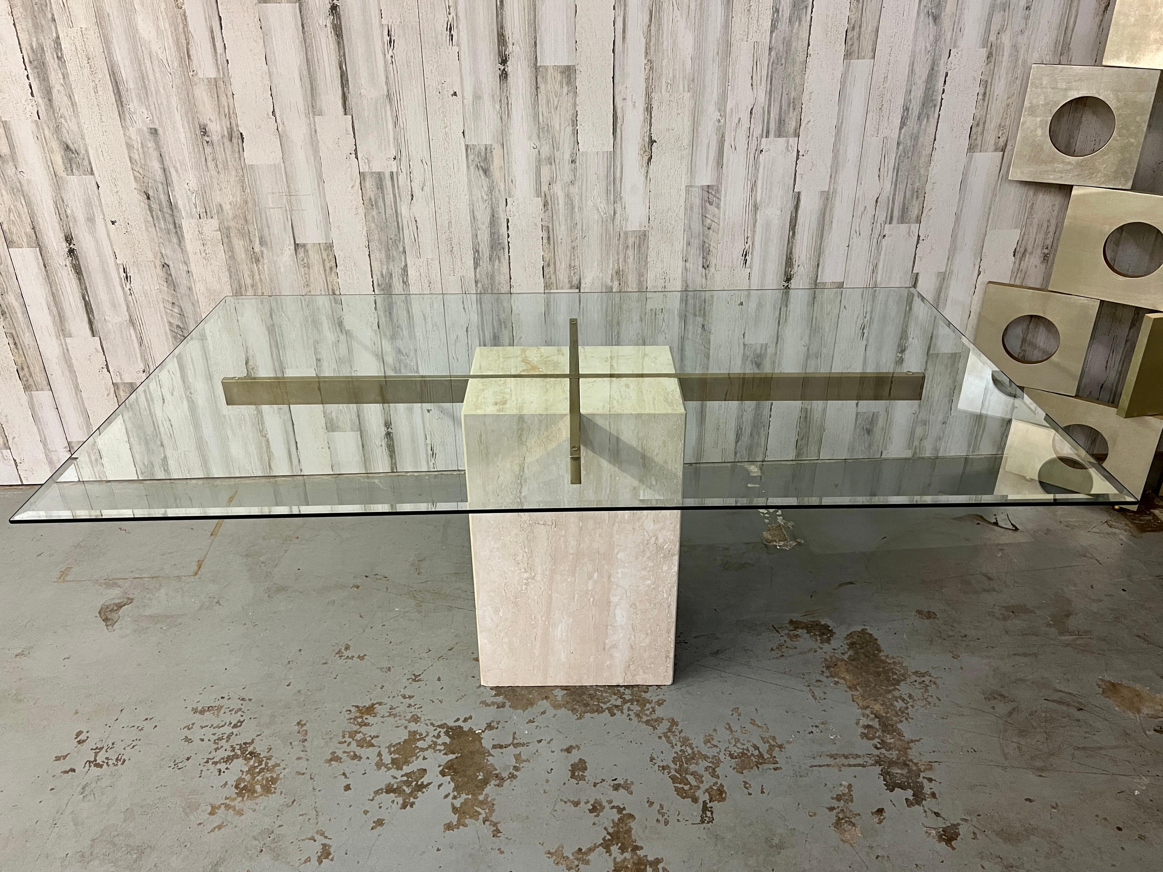 Artedi Travertine and Brass Dining Table For Sale 2