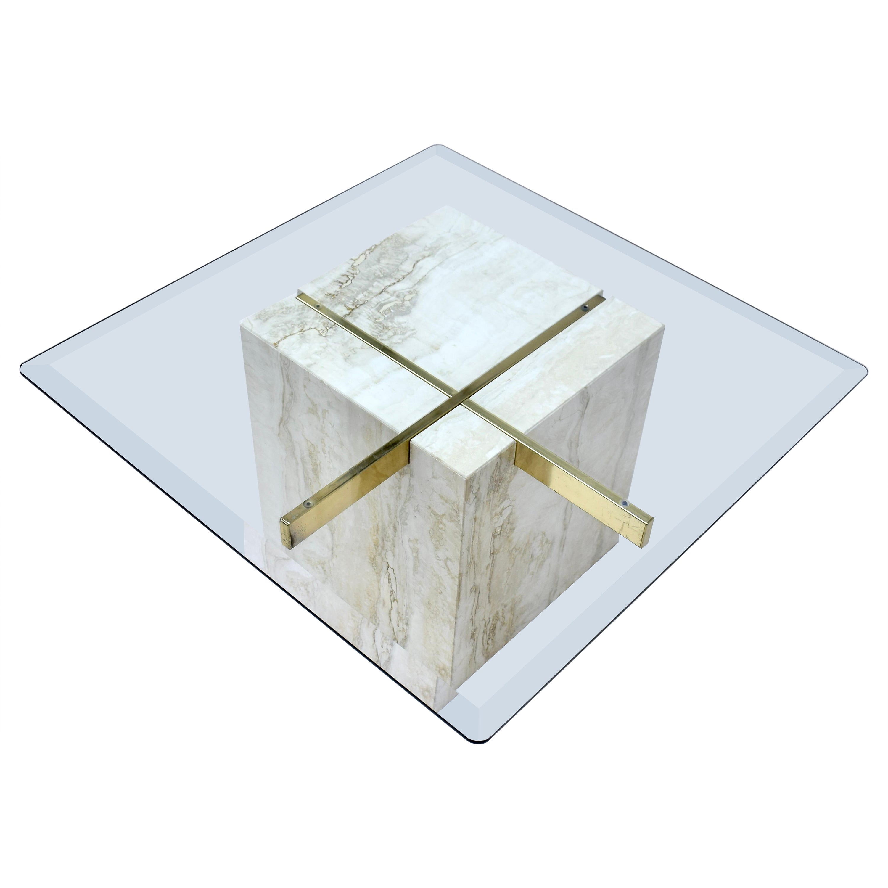 Artedi Travertine Brass & Glass Coffee Cocktail Table