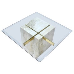 Artedi Travertine Brass & Glass Coffee Cocktail Table