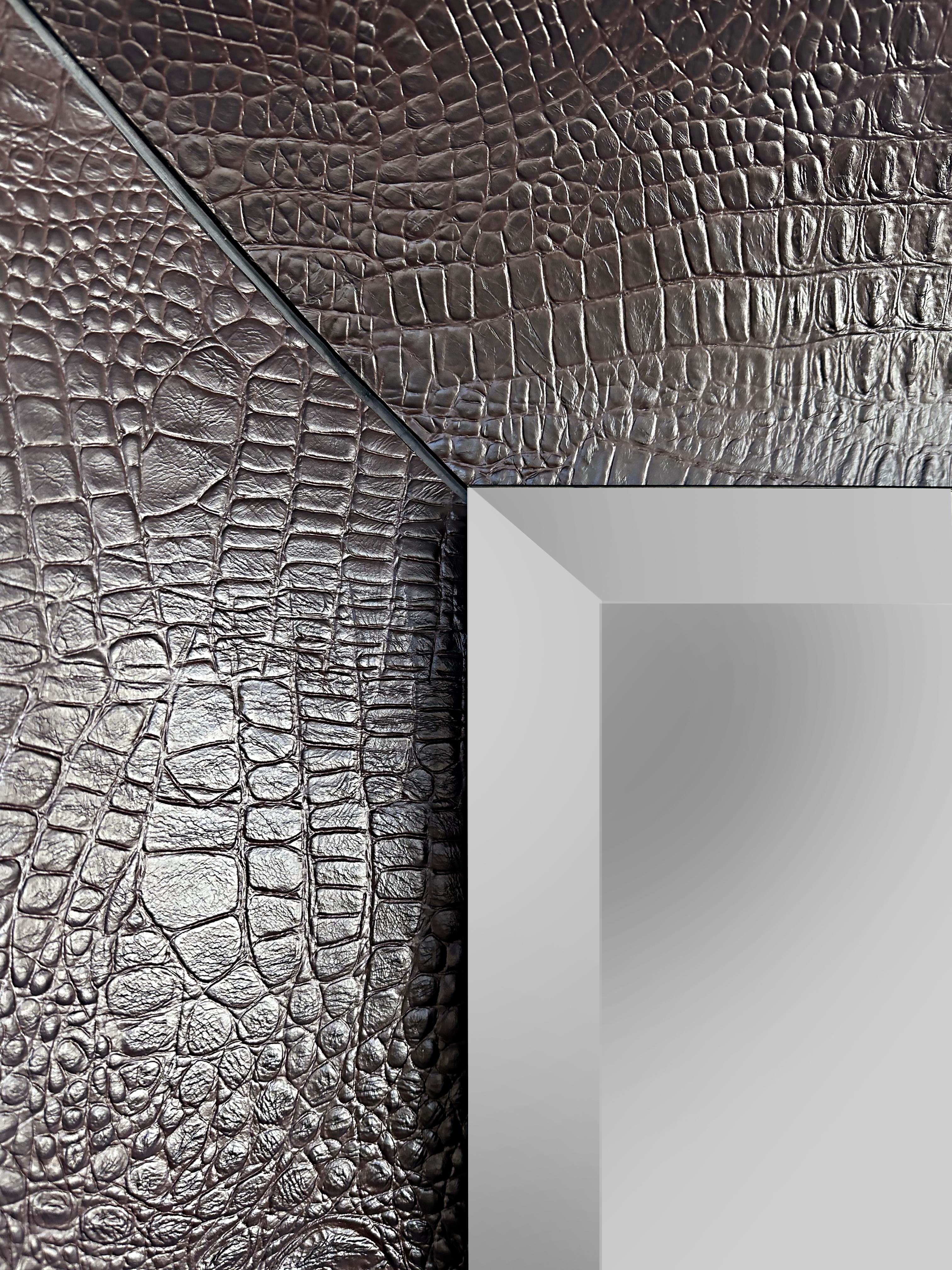 Modern Artefacto Overscale Crocodile Embossed Leather Mirror, Beveled For Sale