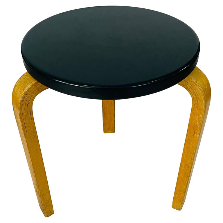 Artek Aalto Stool 60, Original Dark Blue Vinyl Upholstery For Sale at
