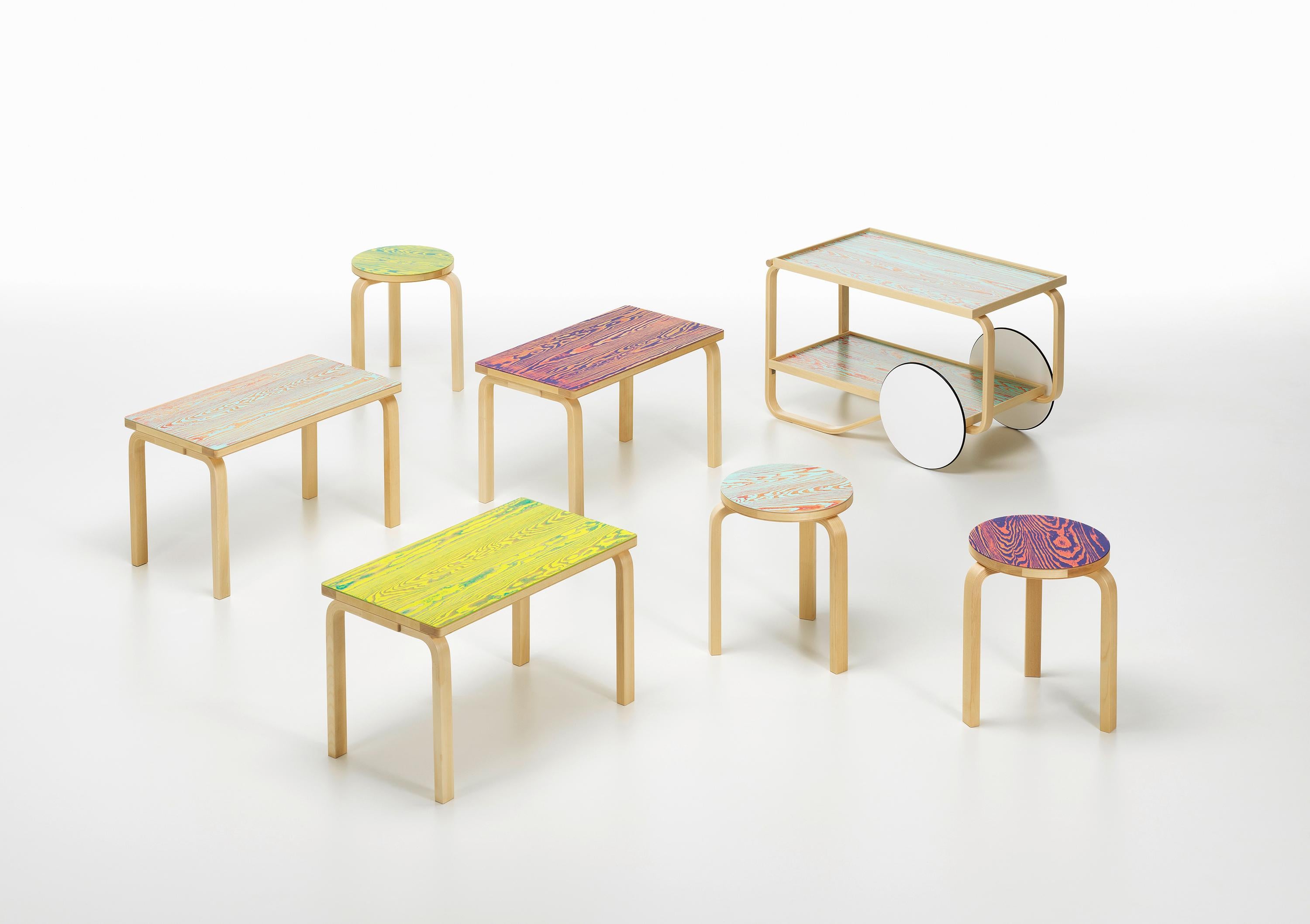 Birch Artek Bench 153B Coloring in Green and Yellow by Alvar Aalto and Jo Nagasaka For Sale