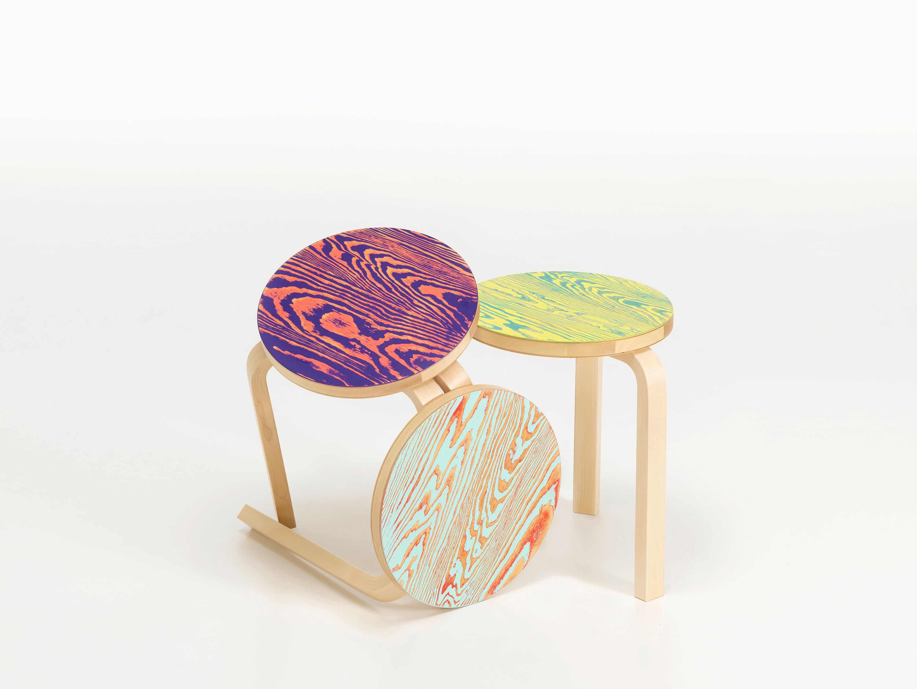 Finnish Artek Stool 60 ColoRing in Pink and Purple by Alvar Aalto and Jo Nagasaka  For Sale