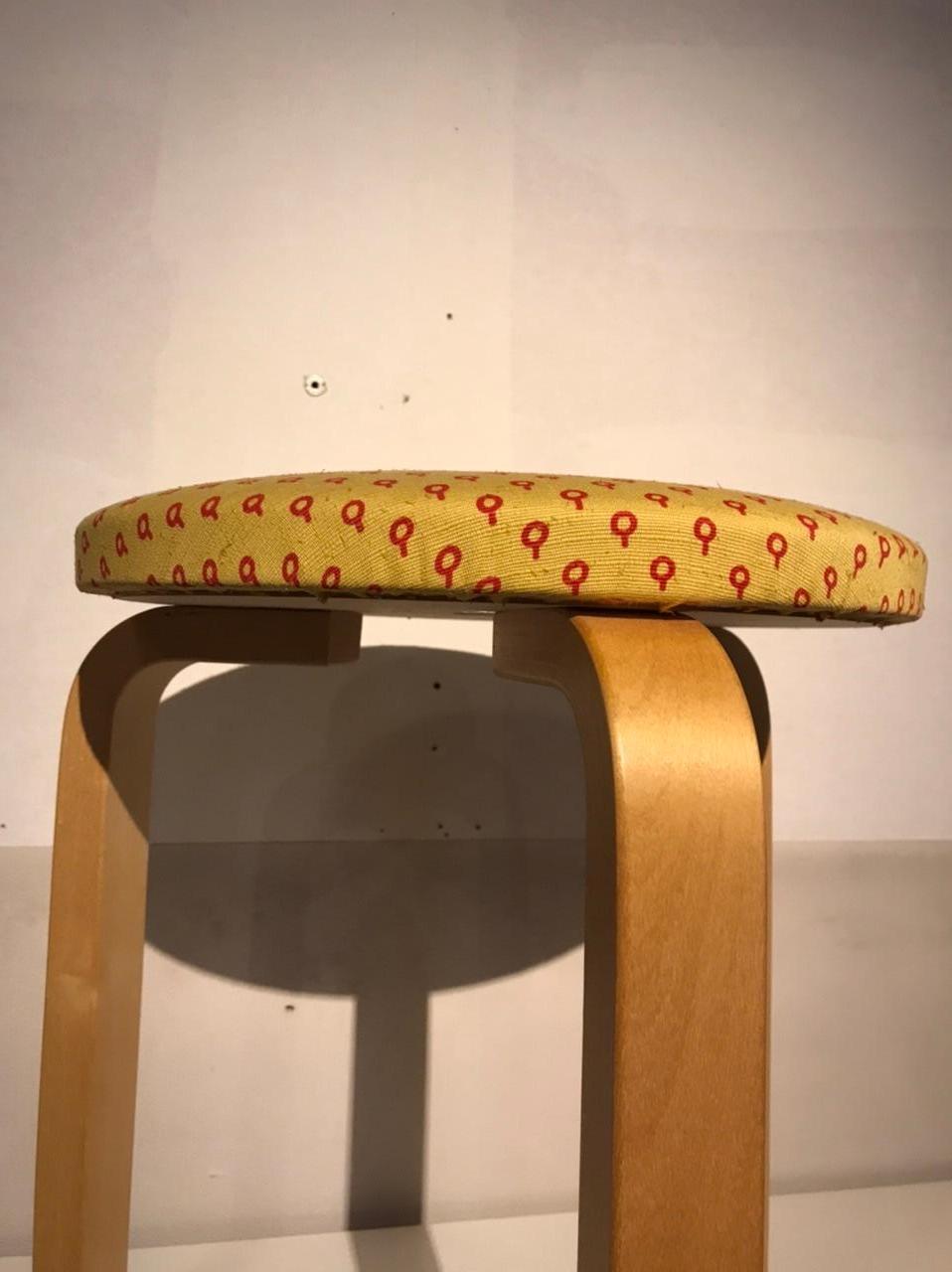 Mid-Century Modern Artek Stool 60 Upholstered with Vintage Alexander Girard Fabric