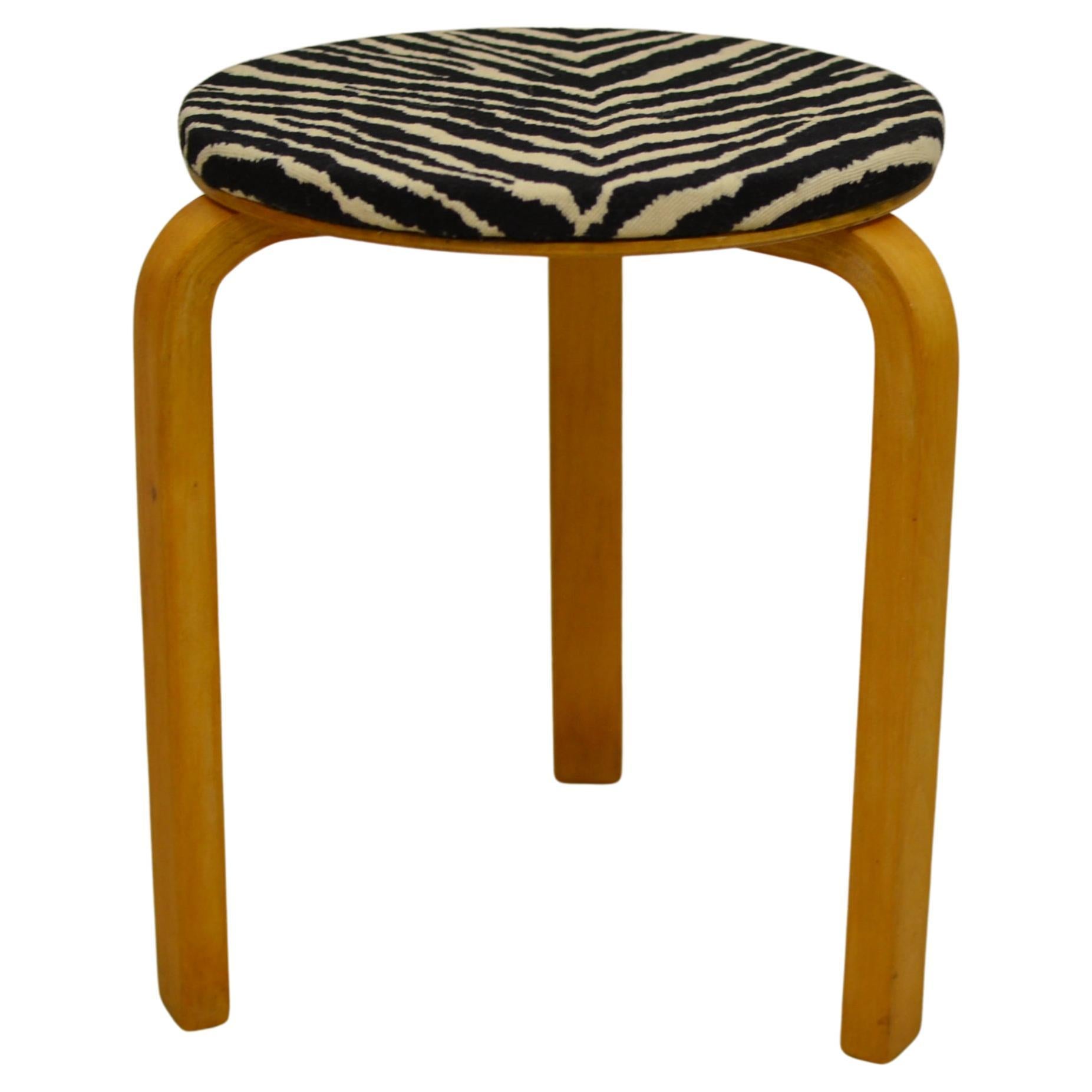 Artek Stool by Alvar Aalto with Early Sandwich Construction and Zebra Fabric For Sale