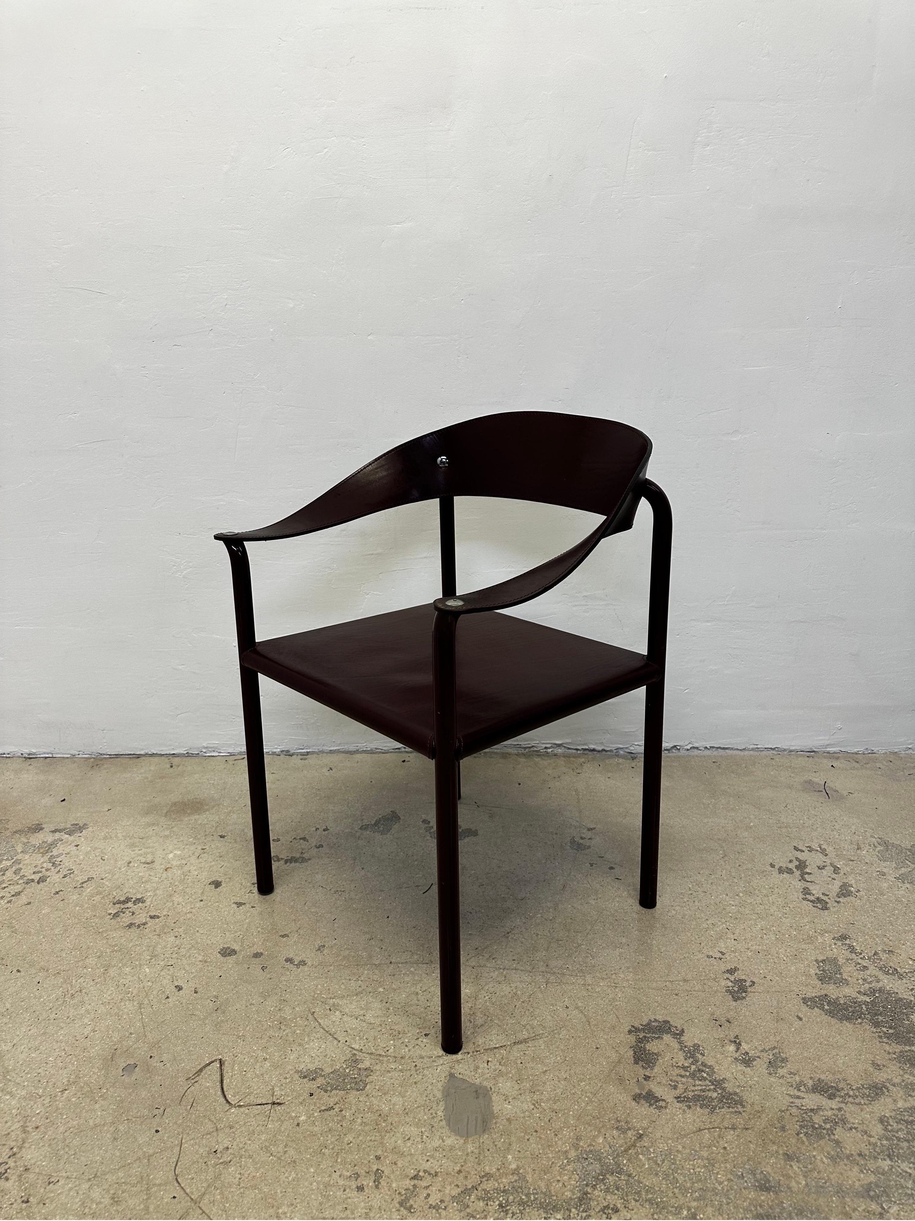 Steel Artelano Postmodern Maroon Leather Dining Side Chair, 1980s