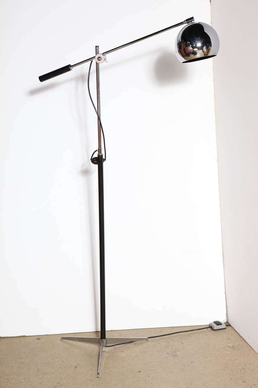 Arteluce Style Chrome, Black Enamel & Leather Tripod Globe Shade Floor Lamp  2