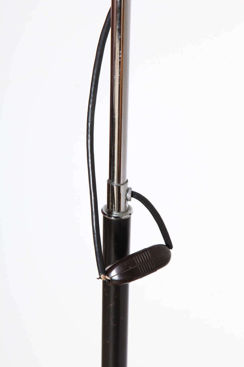 Italian Arteluce Style Chrome, Black Enamel & Leather Tripod Globe Shade Floor Lamp 