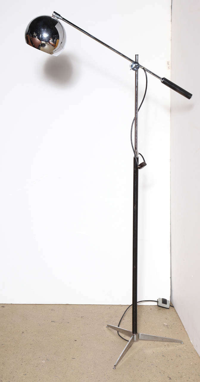 Arteluce Style Chrome, Black Enamel & Leather Tripod Globe Shade Floor Lamp  1