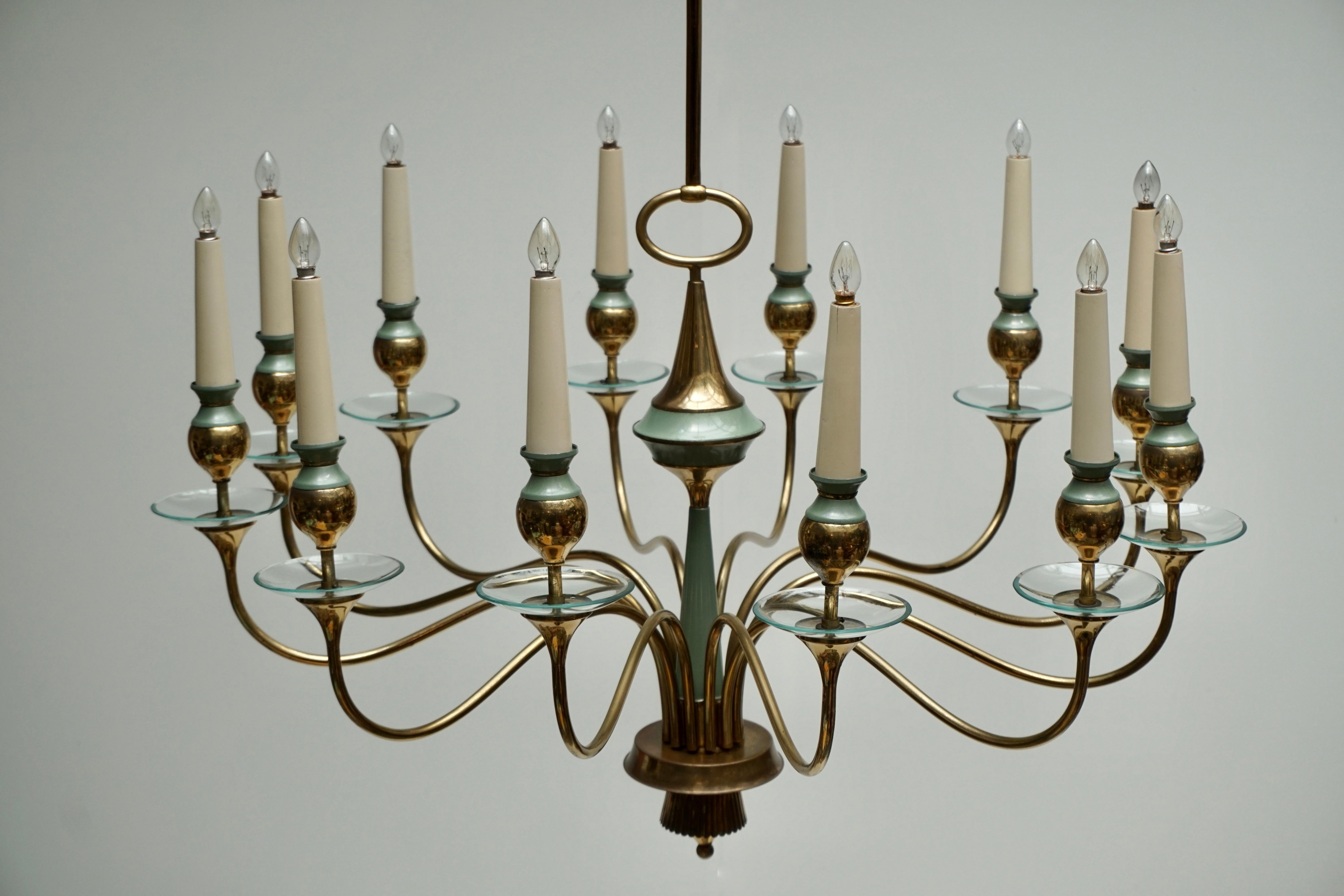 20th Century Arteluce Style Twelve Arm Chandelier in Brass and Glass, 1950s