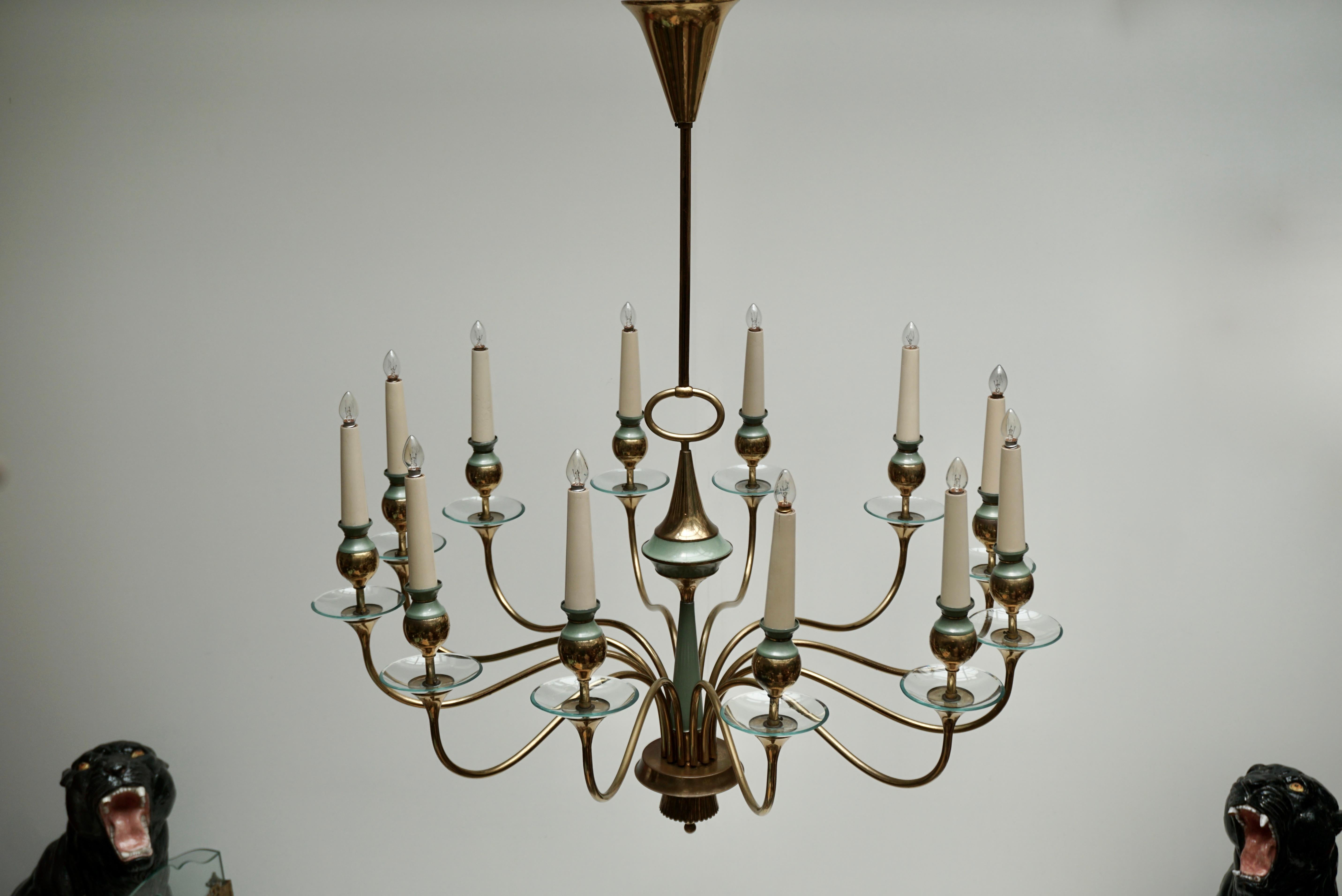 Arteluce Style Twelve Arm Chandelier in Brass and Glass, 1950s 1