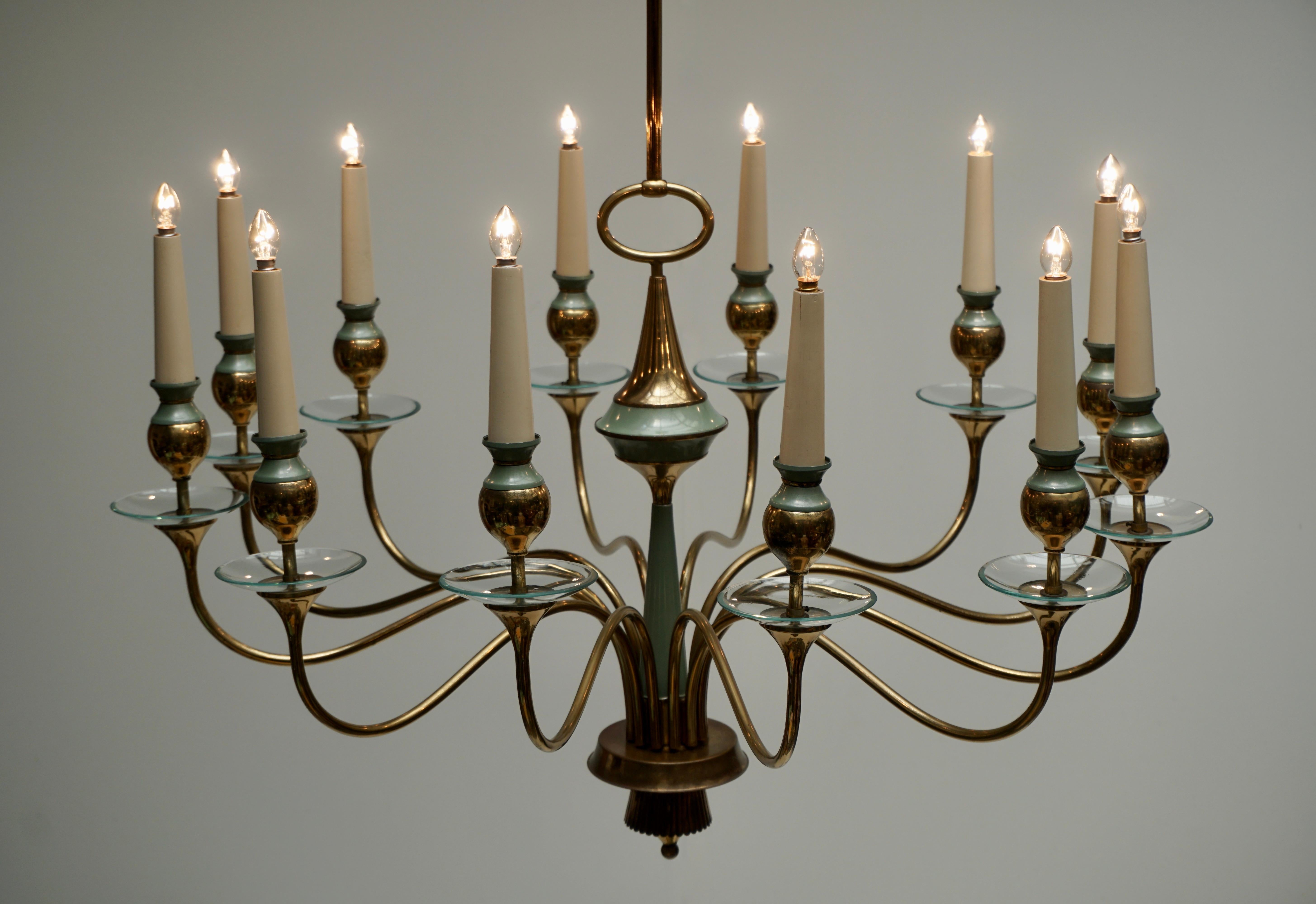 Arteluce Style Twelve Arm Chandelier in Brass and Glass, 1950s 2