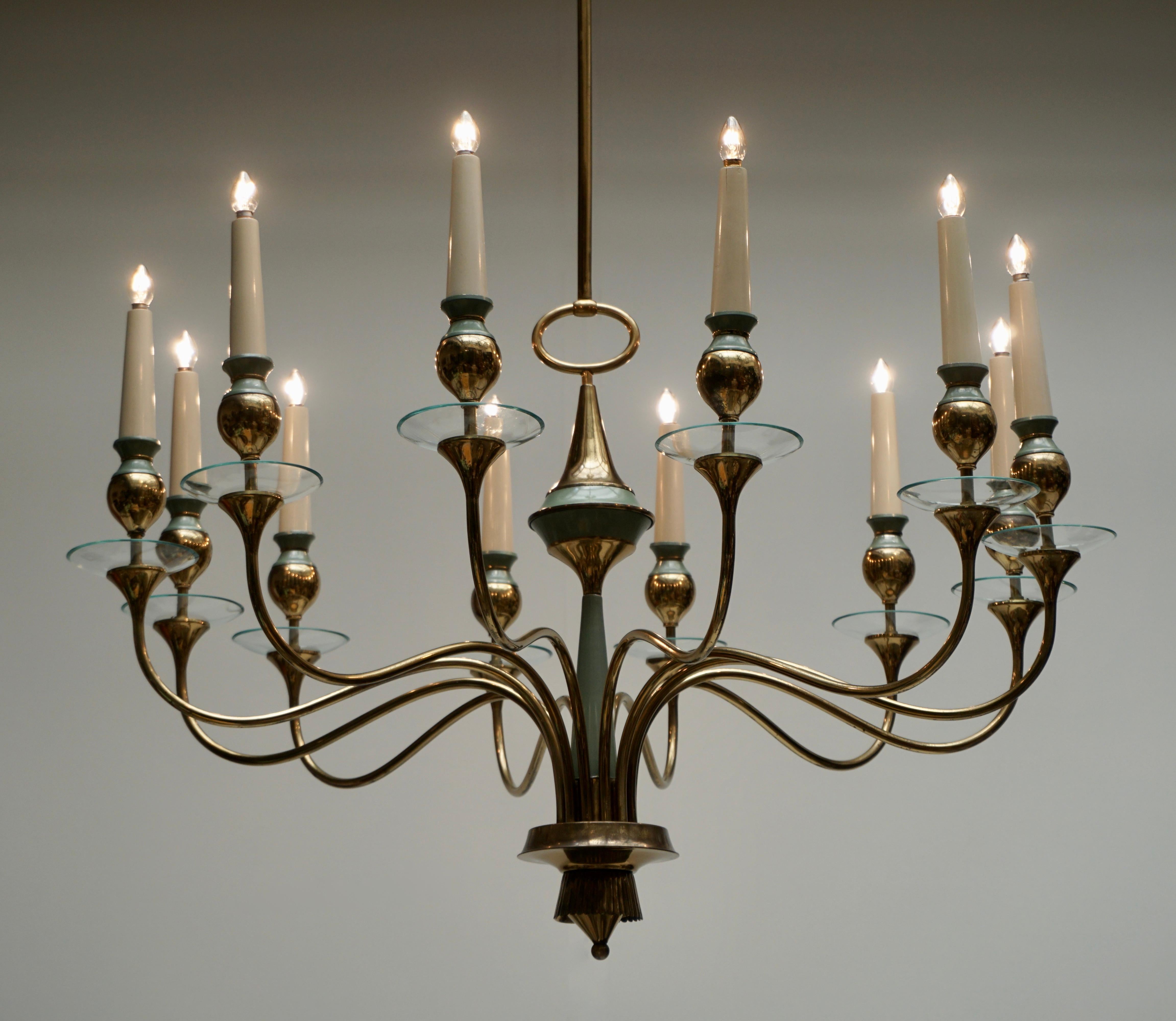 Arteluce Style Twelve Arm Chandelier in Brass and Glass, 1950s 3