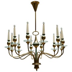 Arteluce Style Twelve Arm Chandelier in Brass and Glass, 1950s