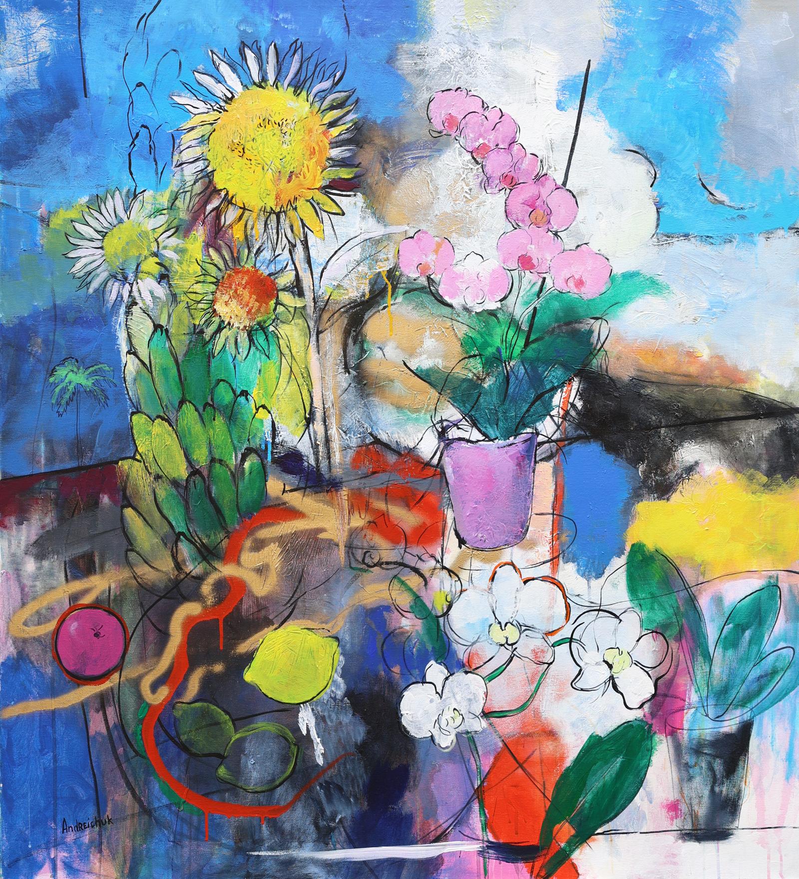 Artem Andreichuk Still-Life Painting - "Sunflowers, Orchids and Fruits"
