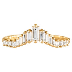 Artemer 18K Gold Tapered Baguette Art Deco Diamond Tiara Ring, Wedding Band Sz 6