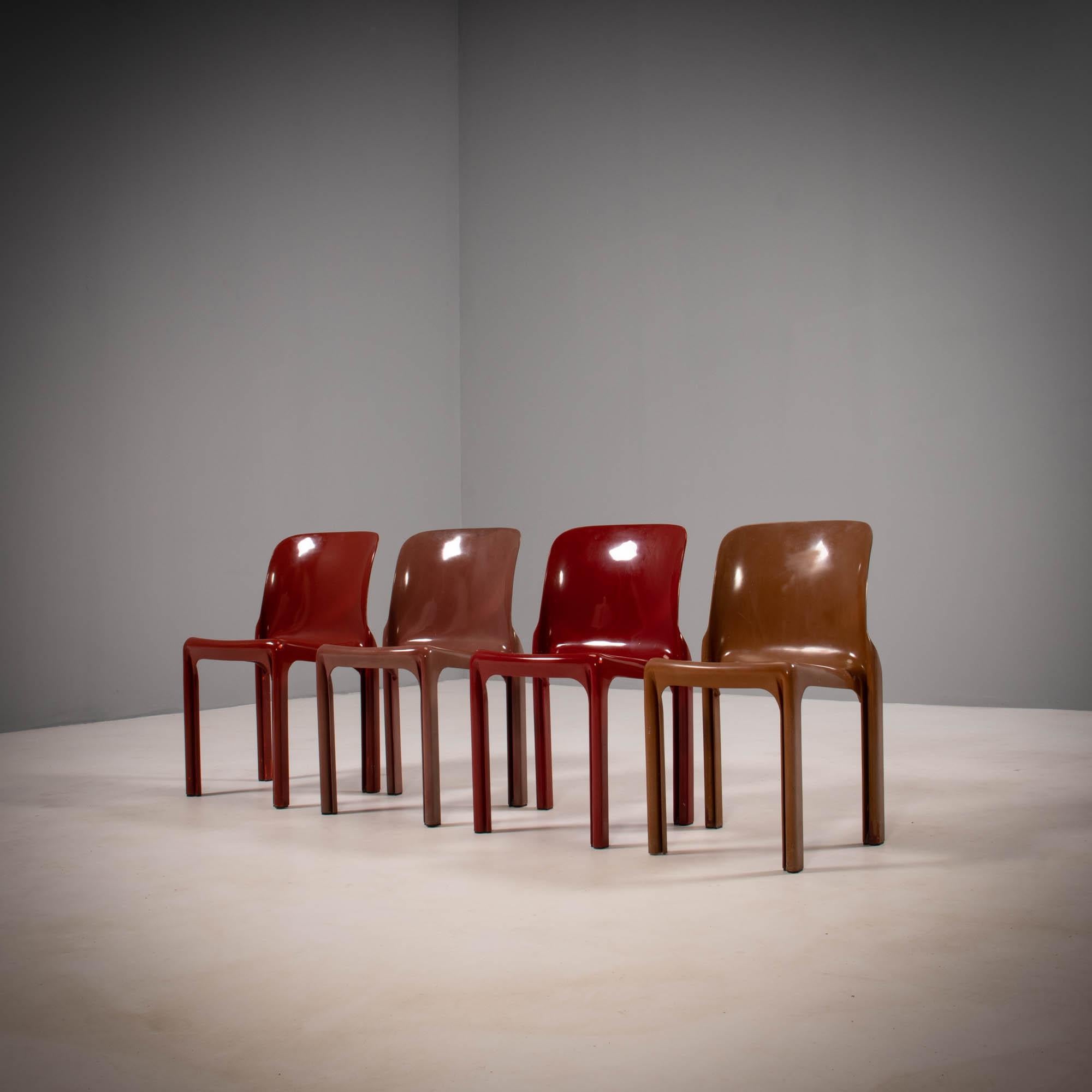 Italian Artemide by Vico Magistretti Selene Red Stacking Chairs, 1960's, Set of 4